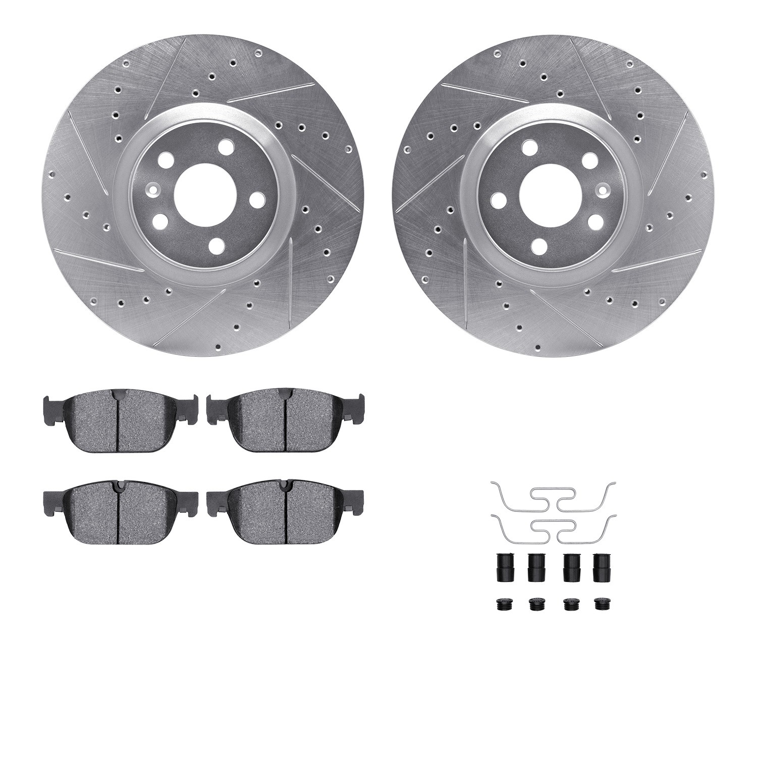 DFC Rotors-Drilled & Slotted-Silver w/ EURO 5000 Ceramic Brake Pads Incl Hdw