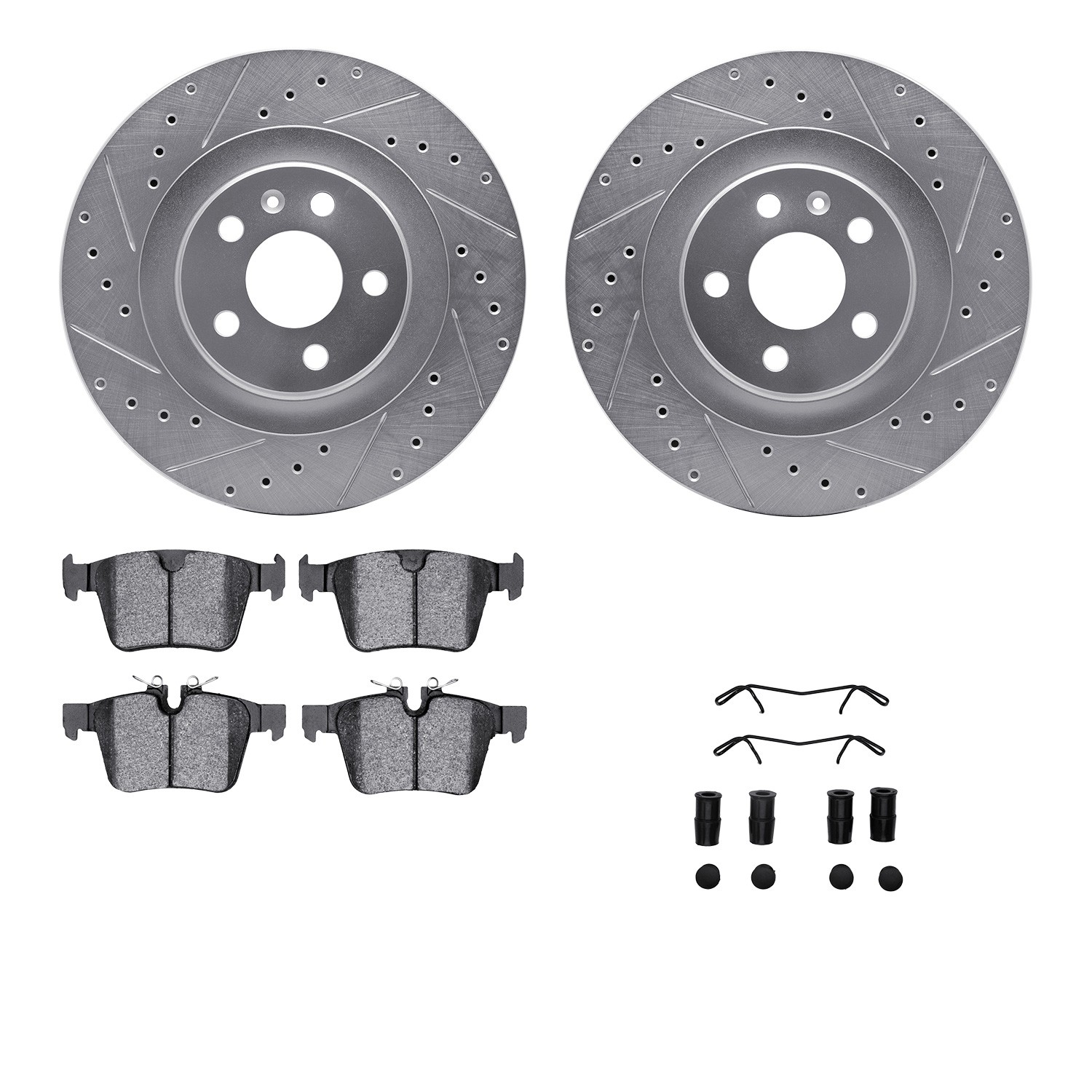 DFC Rotors-Drilled & Slotted-Silver w/ EURO 5000 Ceramic Brake Pads Incl Hdw