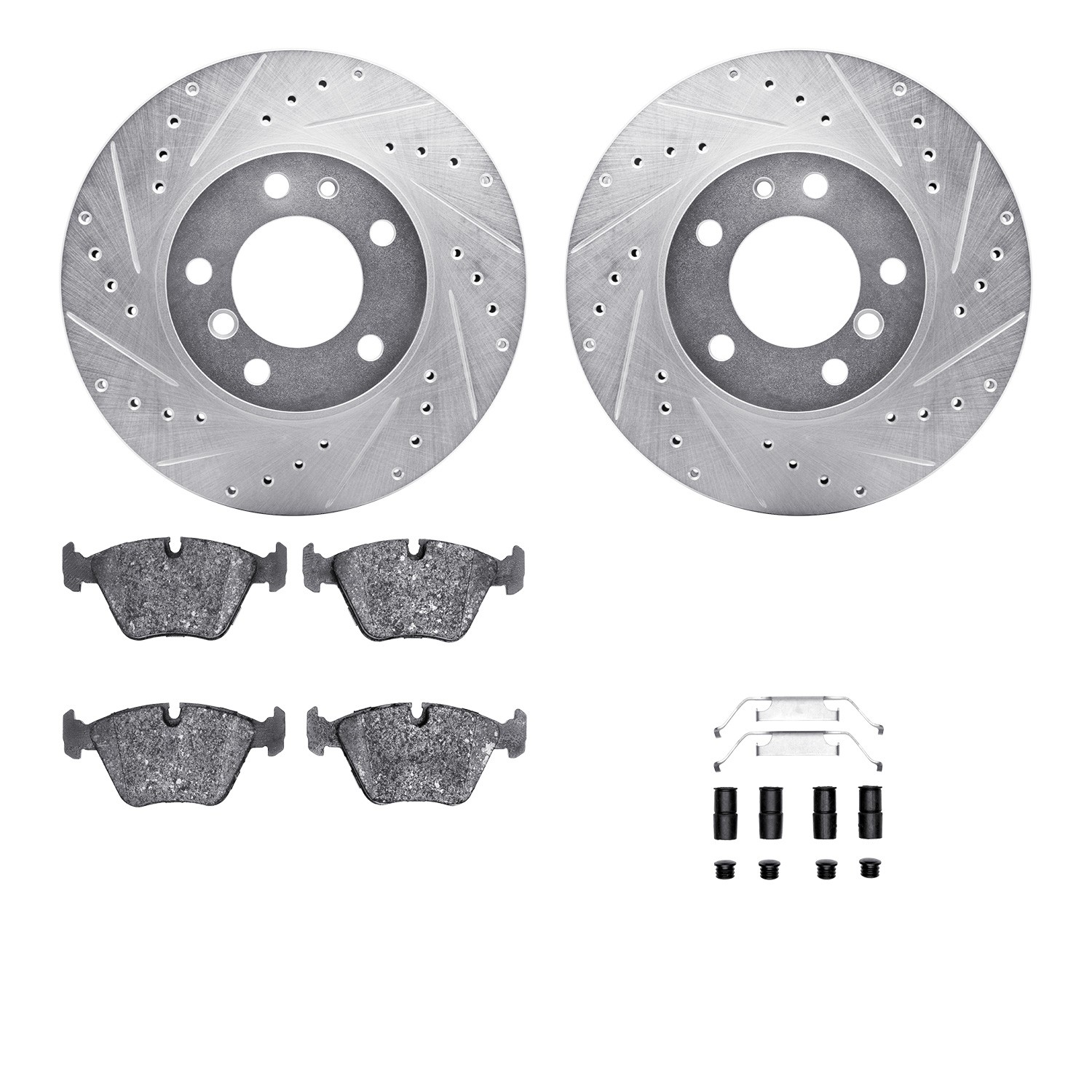 DFC Rotors-Drilled & Slotted-Silver w/ EURO 5000 Ceramic Brake Pads Incl Hdw