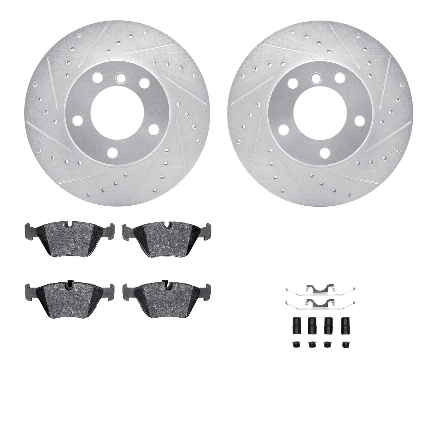 DFC Rotors-Drilled & Slotted-Silver w/ EURO 5000 Ceramic Brake Pads Incl Hdw