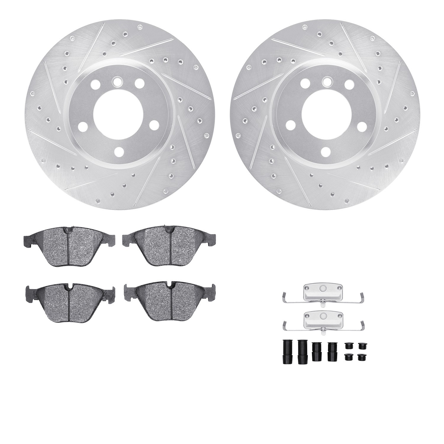 DFC Rotors-Drilled & Slotted-Silver w/ EURO 5000 Ceramic Brake Pads Incl Hdw