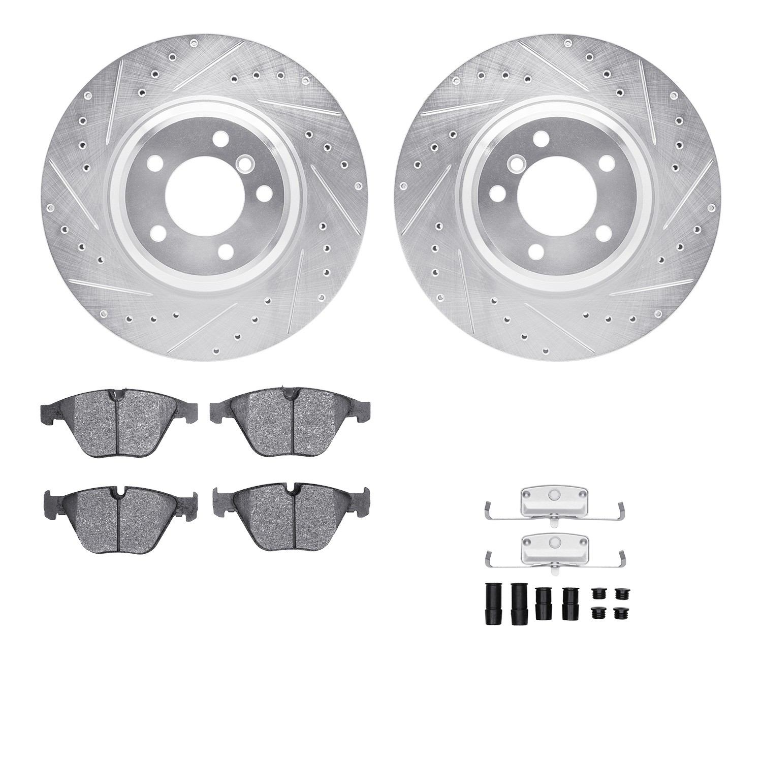 DFC Rotors-Drilled & Slotted-Silver w/ EURO 5000 Ceramic Brake Pads Incl Hdw