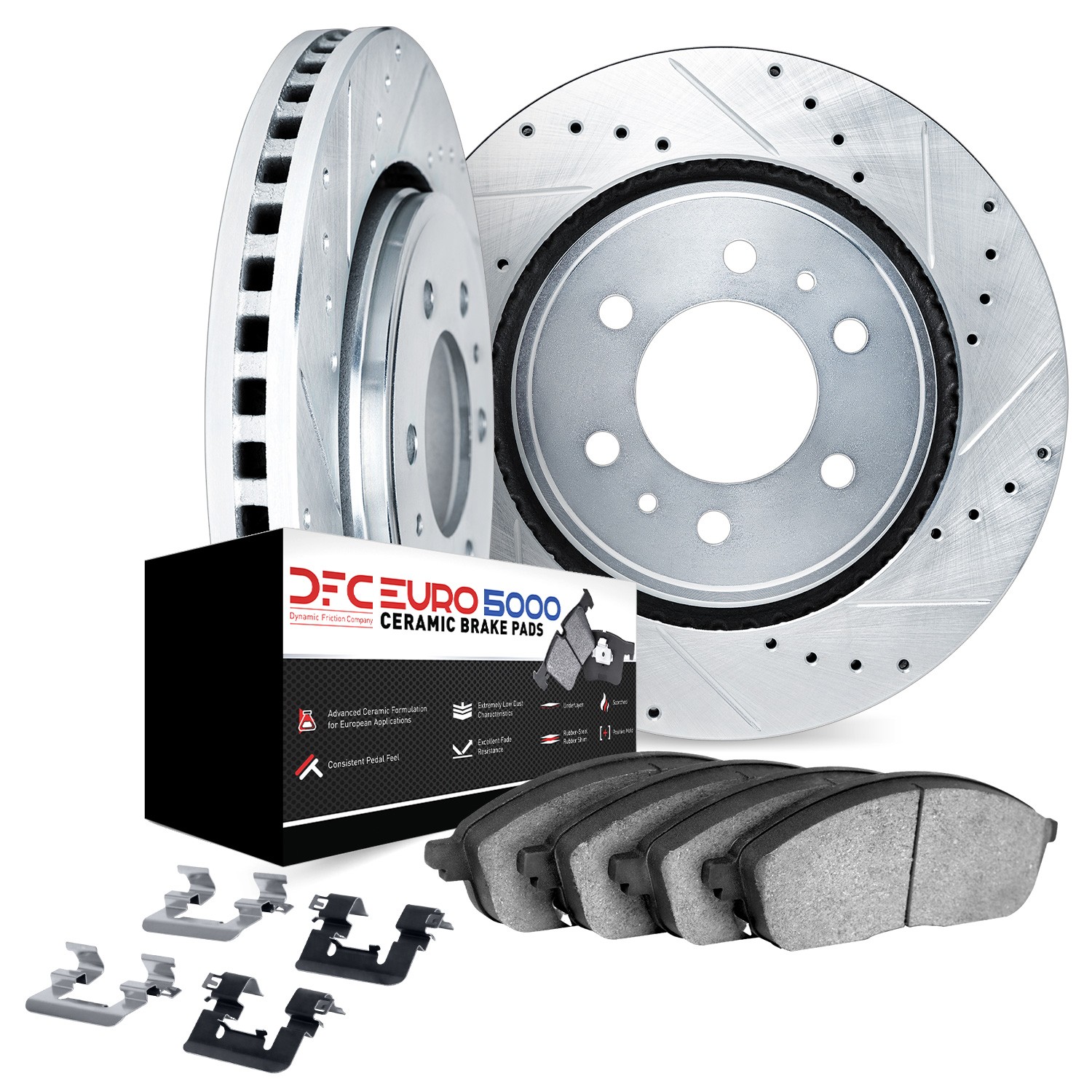DFC Rotors-Drilled & Slotted-Silver w/ EURO 5000 Ceramic Brake Pads Incl Hdw