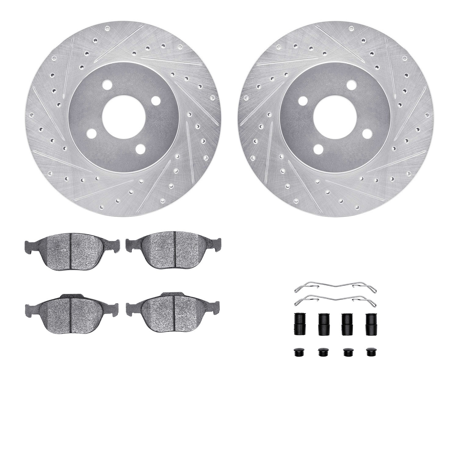 DFC Rotors-Drilled & Slotted-Silver w/ EURO 5000 Ceramic Brake Pads Incl Hdw