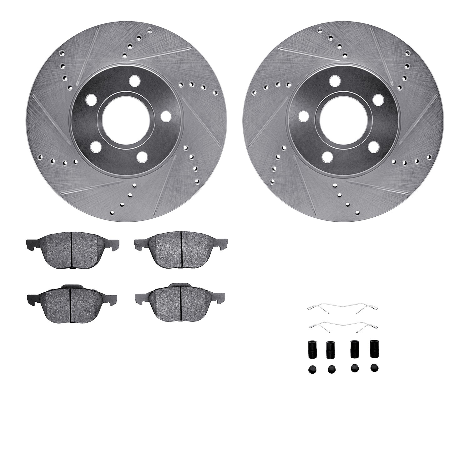 DFC Rotors-Drilled & Slotted-Silver w/ EURO 5000 Ceramic Brake Pads Incl Hdw