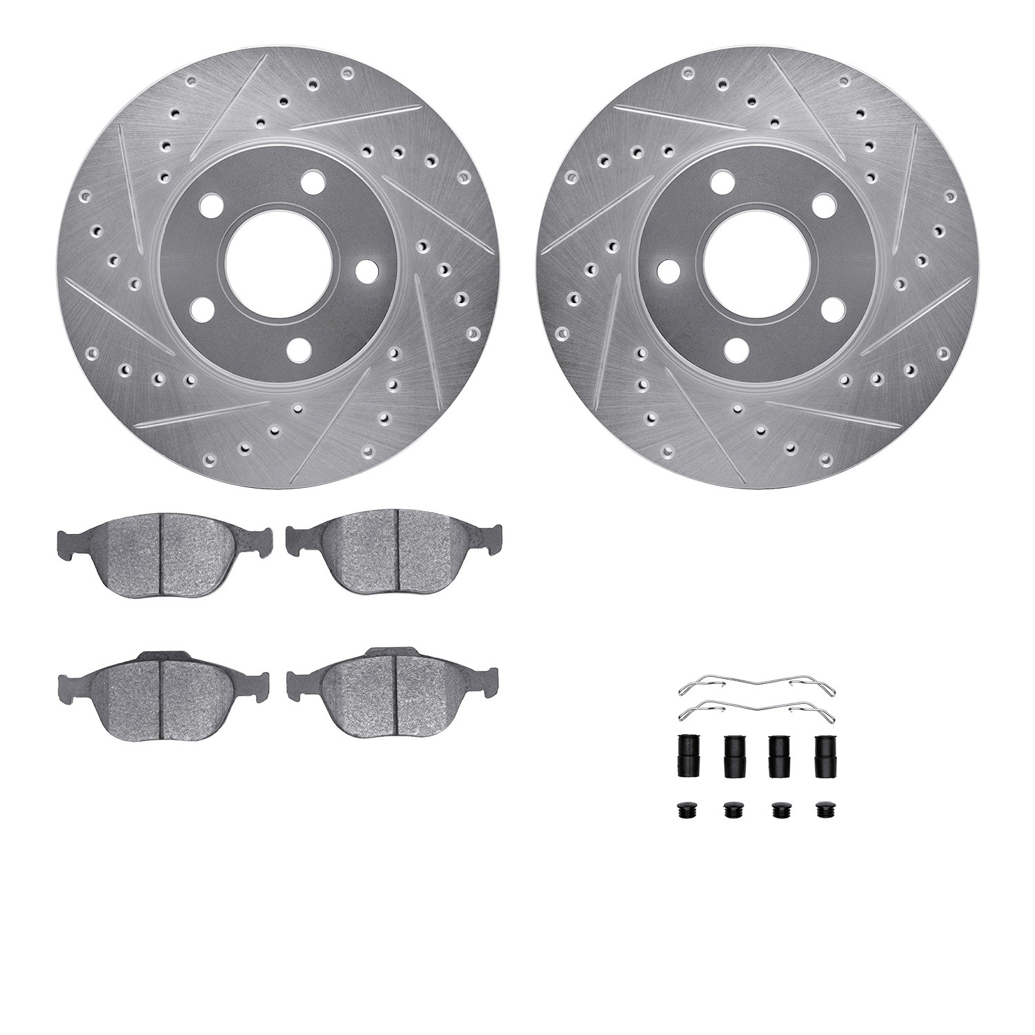 DFC Rotors-Drilled & Slotted-Silver w/ EURO 5000 Ceramic Brake Pads Incl Hdw