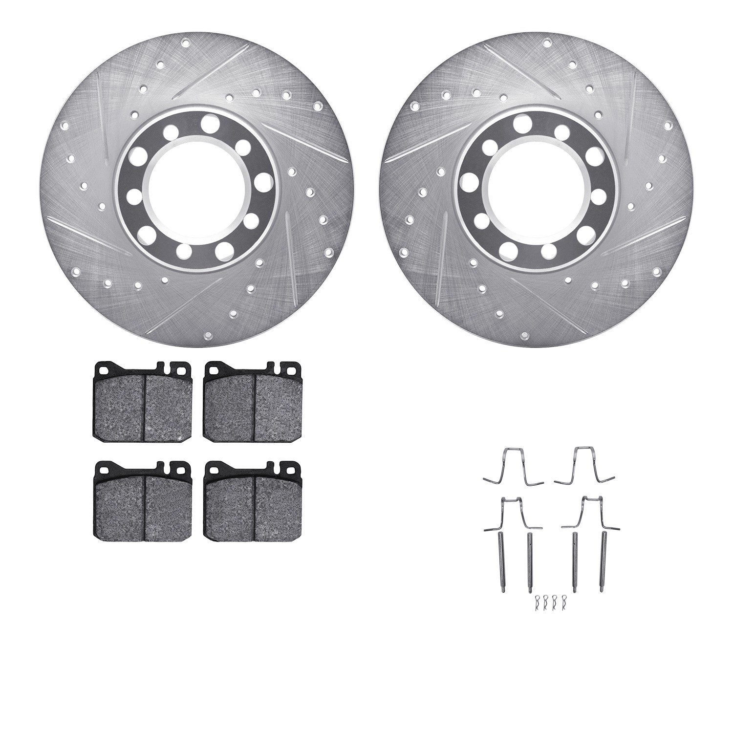 DFC Rotors-Drilled & Slotted-Silver w/ EURO 5000 Ceramic Brake Pads Incl Hdw