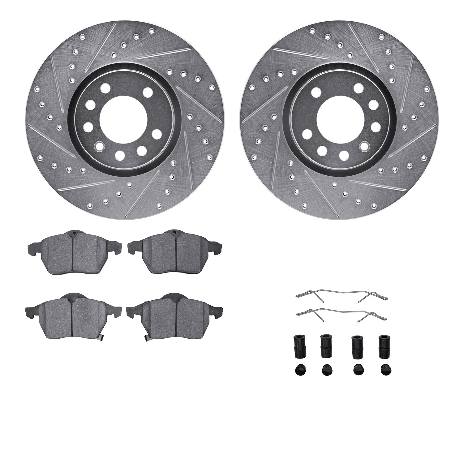 DFC Rotors-Drilled & Slotted-Silver w/ EURO 5000 Ceramic Brake Pads Incl Hdw