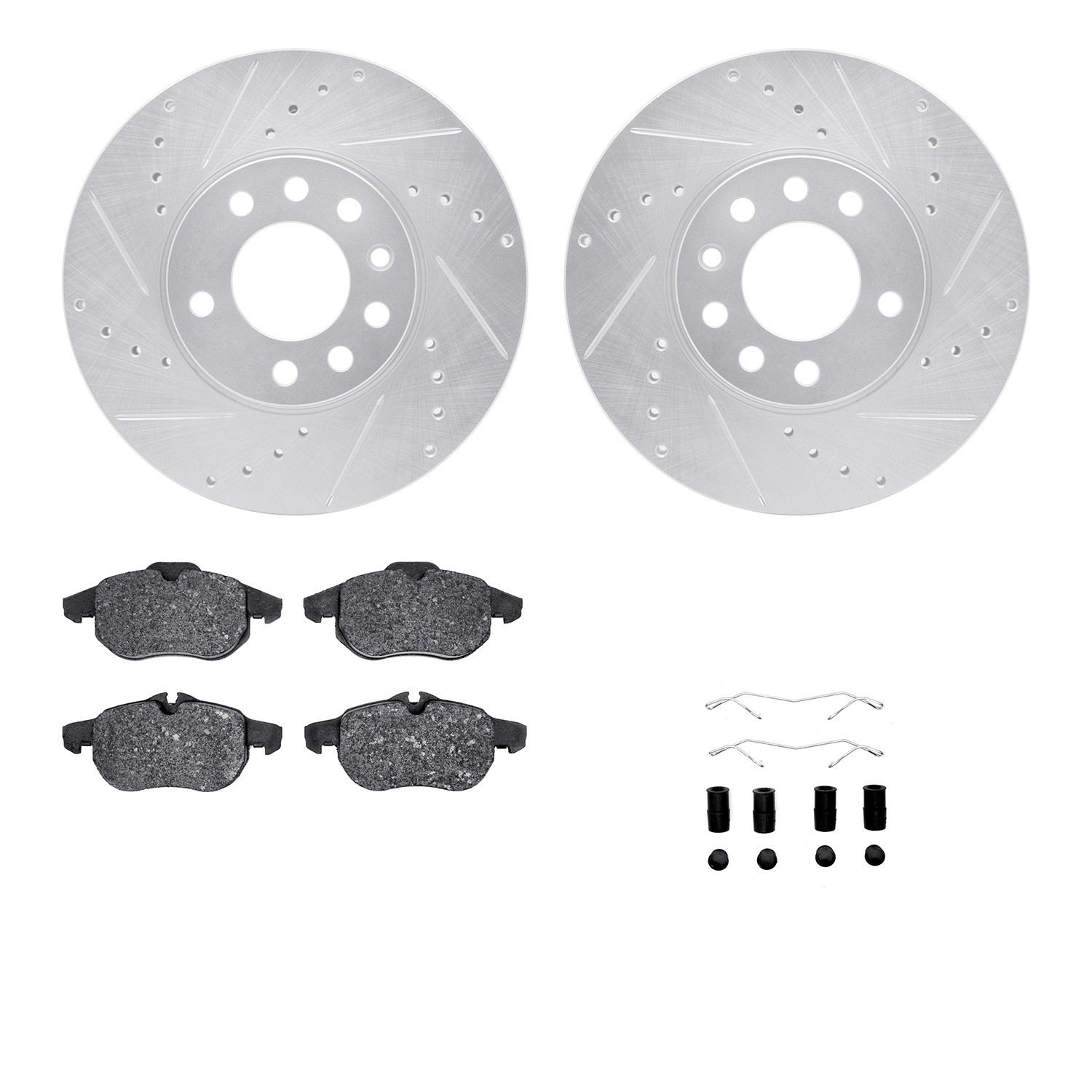 DFC Rotors-Drilled & Slotted-Silver w/ EURO 5000 Ceramic Brake Pads Incl Hdw