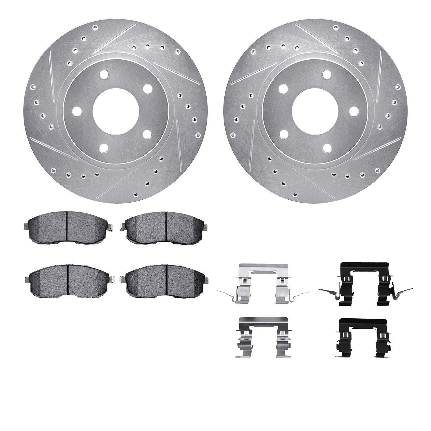 DFC Rotors-Drilled & Slotted-Silver w/ EURO 5000 Ceramic Brake Pads Incl Hdw
