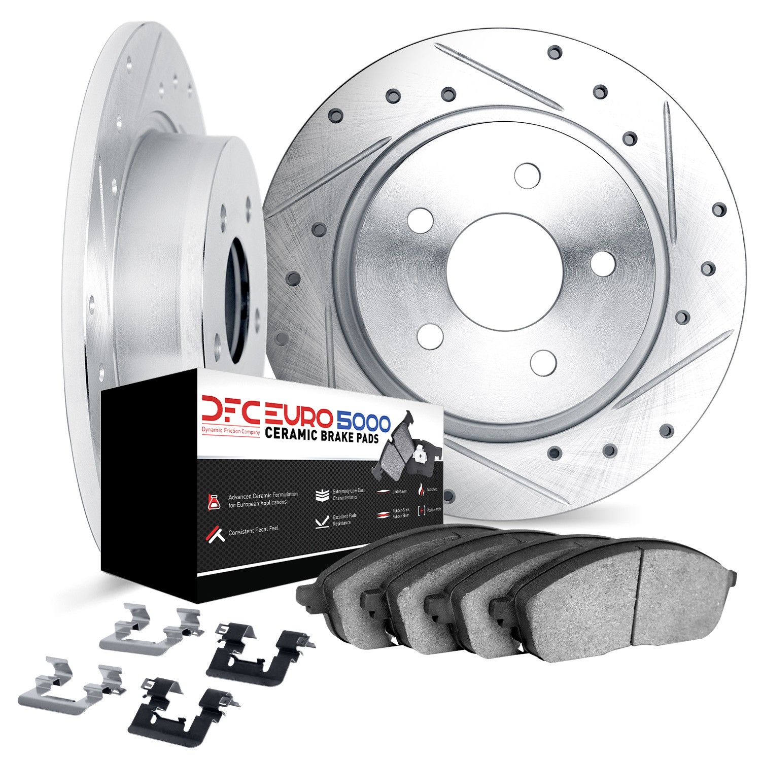 DFC Rotors-Drilled & Slotted-Silver w/ EURO 5000 Ceramic Brake Pads Incl Hdw
