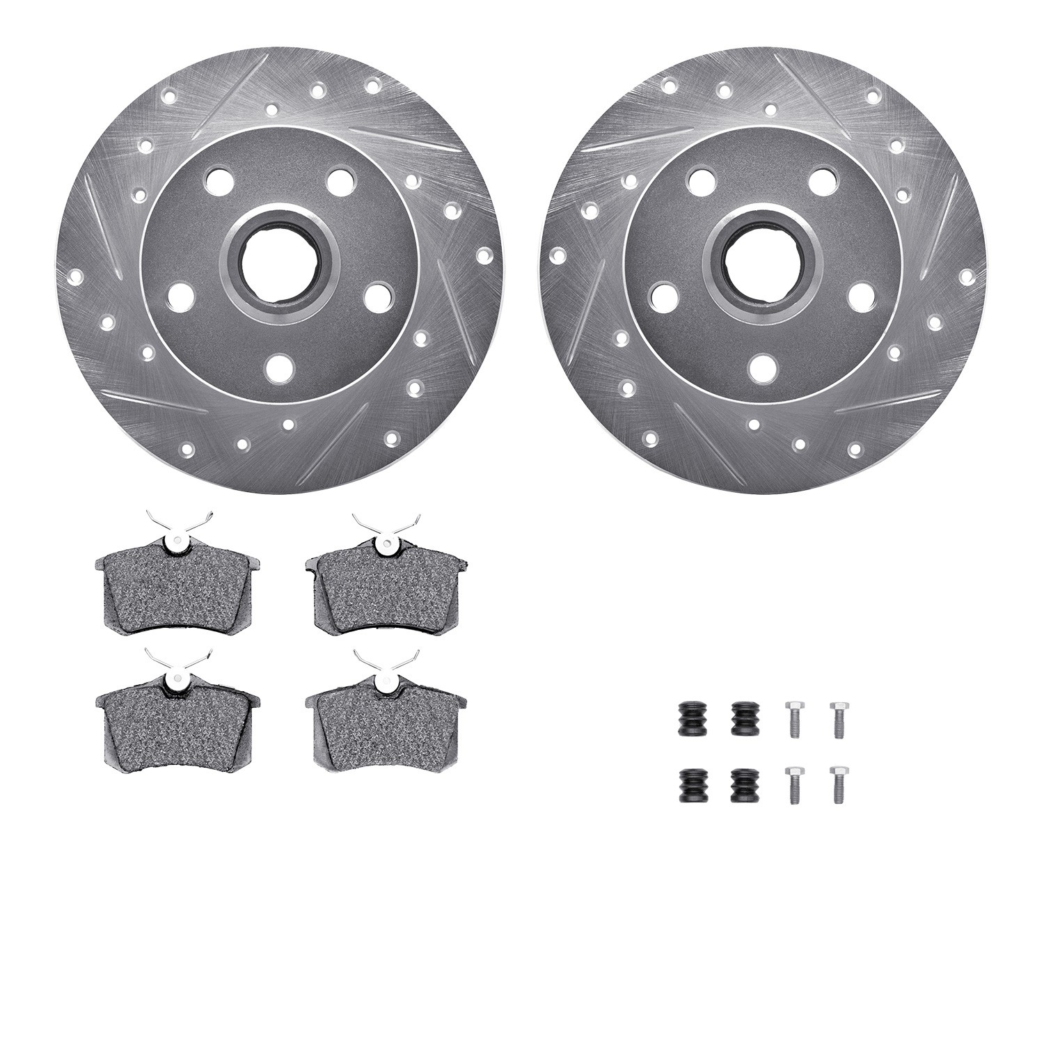 DFC Rotors-Drilled & Slotted-Silver w/ EURO 5000 Ceramic Brake Pads Incl Hdw