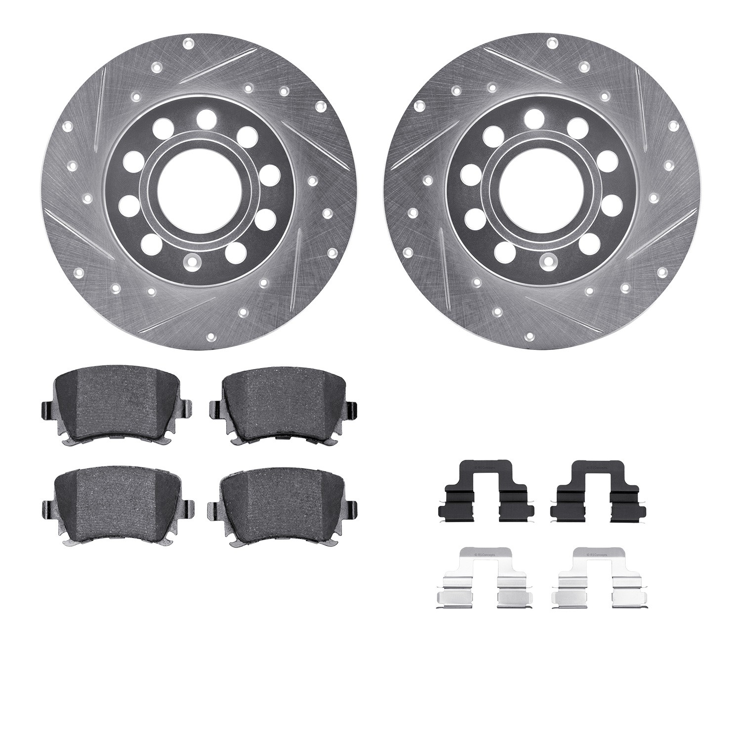 DFC Rotors-Drilled & Slotted-Silver w/ EURO 5000 Ceramic Brake Pads Incl Hdw