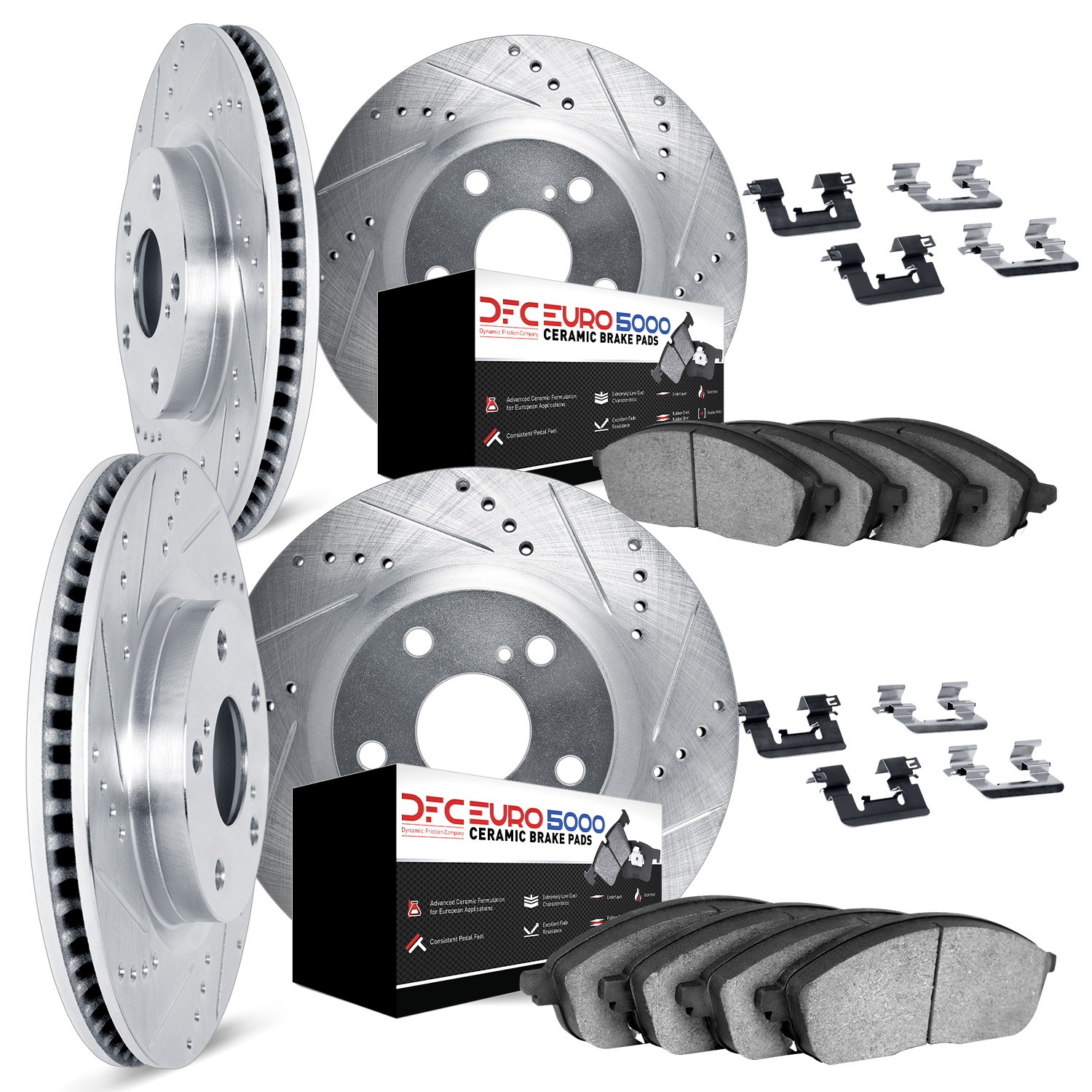 DFC Rotors-Drilled & Slotted-Silver w/ EURO 5000 Ceramic Brake Pads Incl Hdw