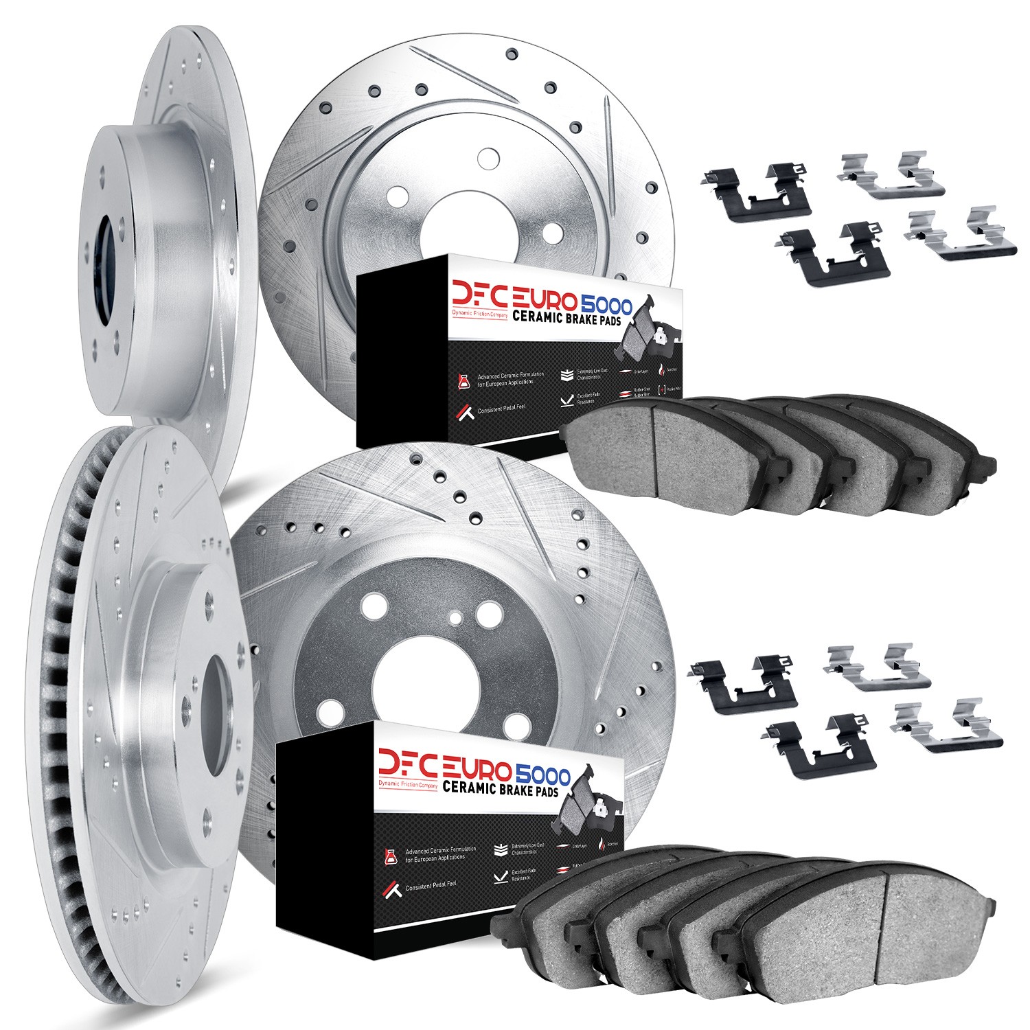 DFC Rotors-Drilled & Slotted-Silver w/ EURO 5000 Ceramic Brake Pads Incl Hdw