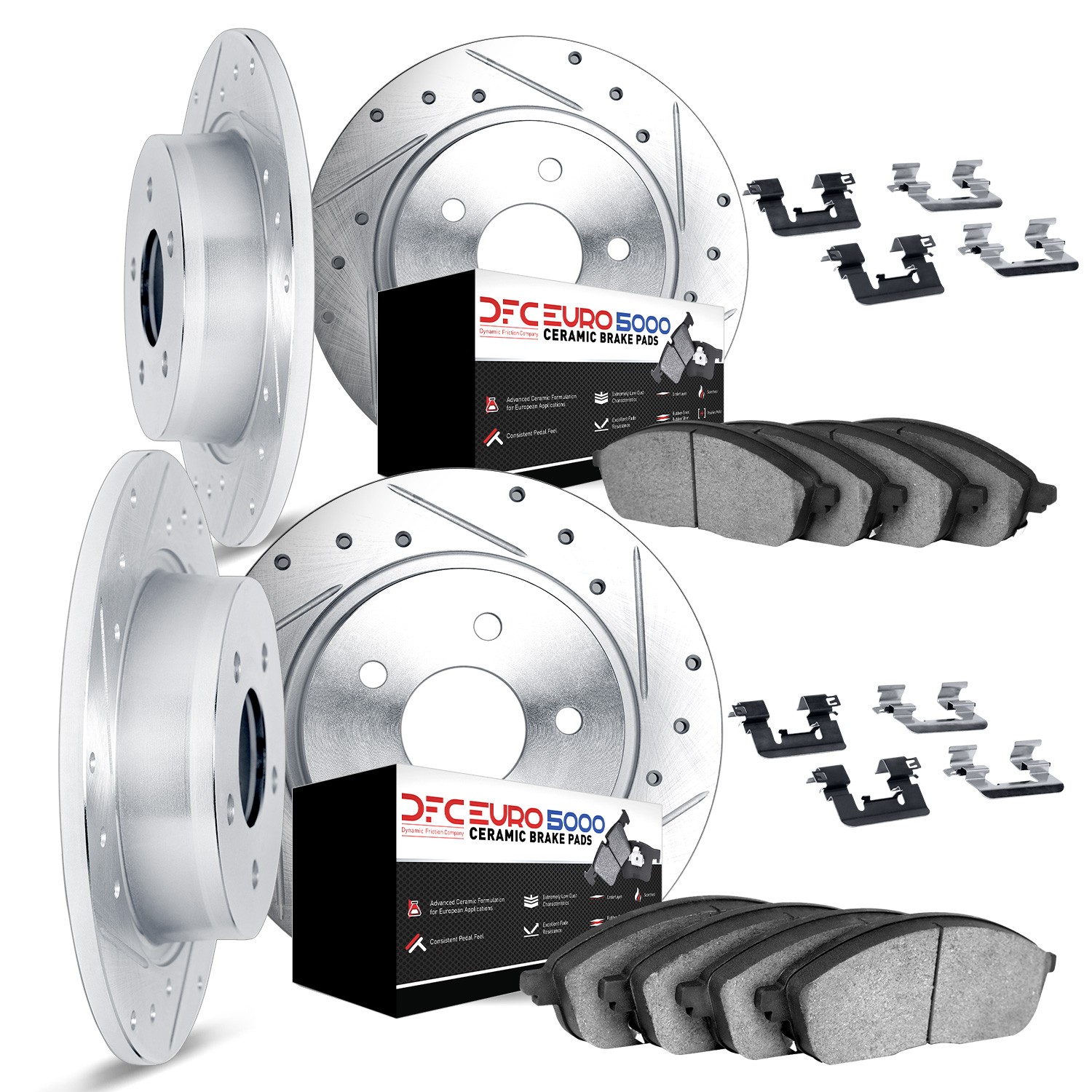 DFC Rotors-Drilled & Slotted-Silver w/ EURO 5000 Ceramic Brake Pads Incl Hdw