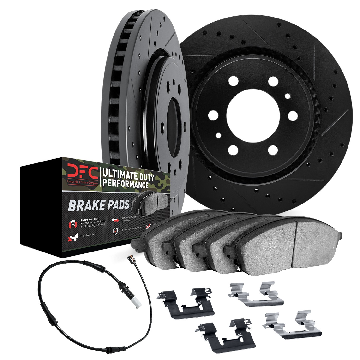 DFC Brake Rotor - Drilled & Slotted - Black w/HD Brake Pad w/HW Kit & Sensor