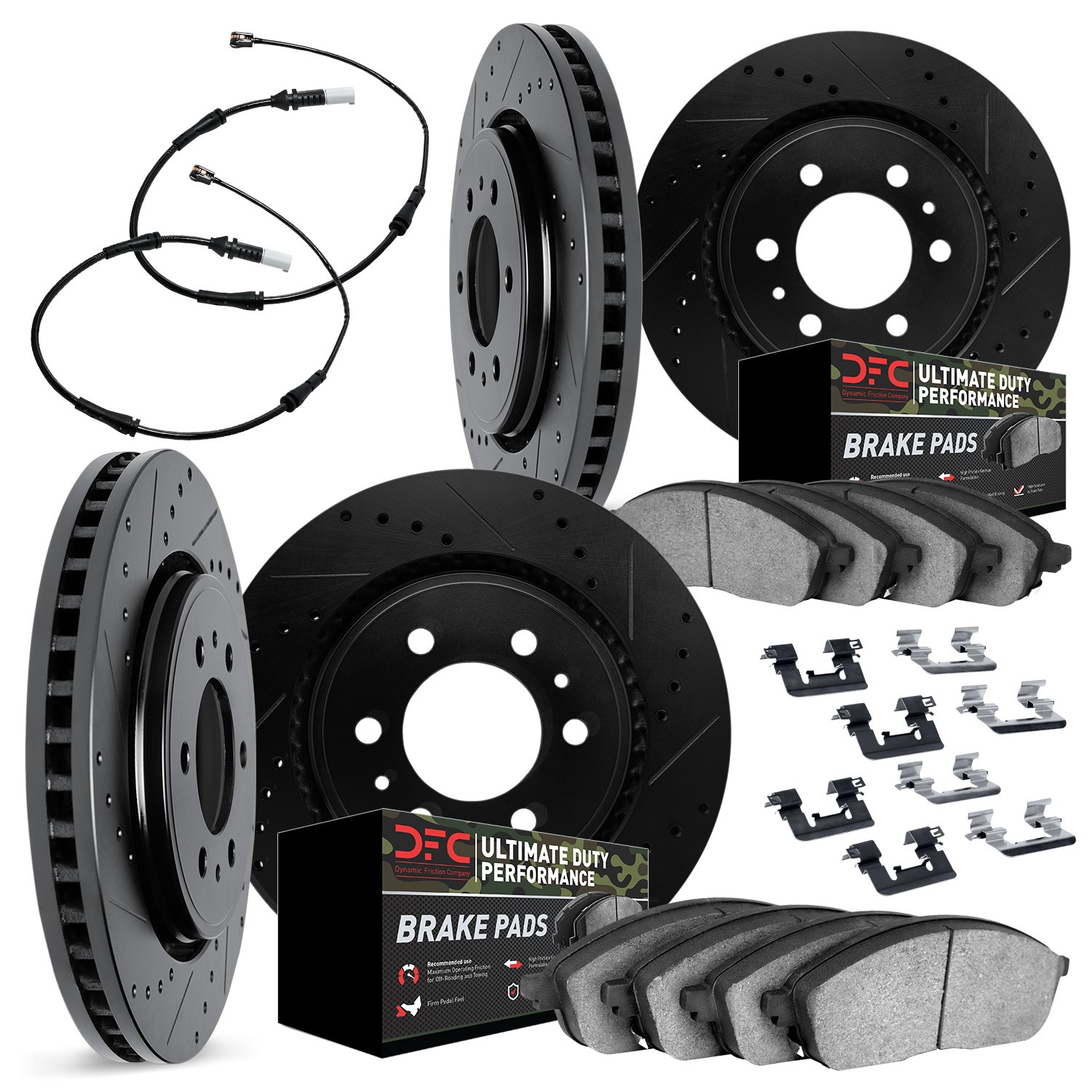 DFC Brake Rotor - Drilled & Slotted - Black w/HD Brake Pad w/HW Kit & Sensor