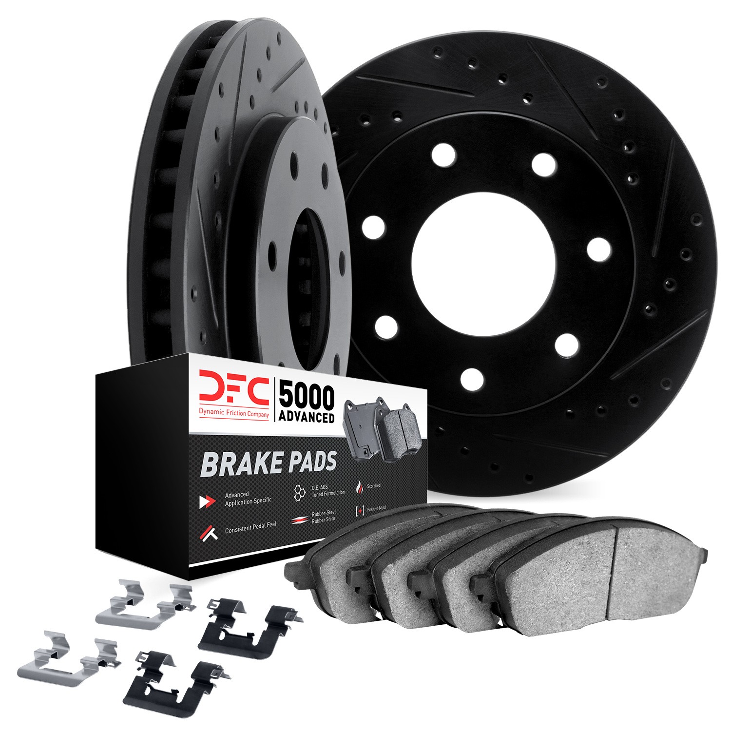 DFC Brake Rotor - Dimpled & Slotted - Black w/5000 Brake Pads & HW Kit