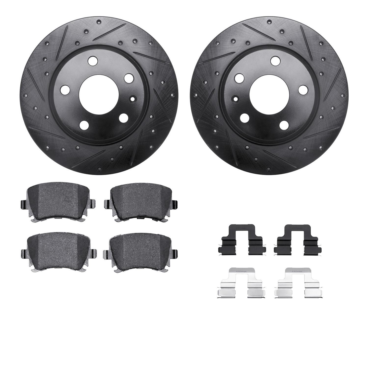 DFC Rotors-Drilled & Slotted-Black w/ 5000 Advanced Brake Pads Incl Hdw