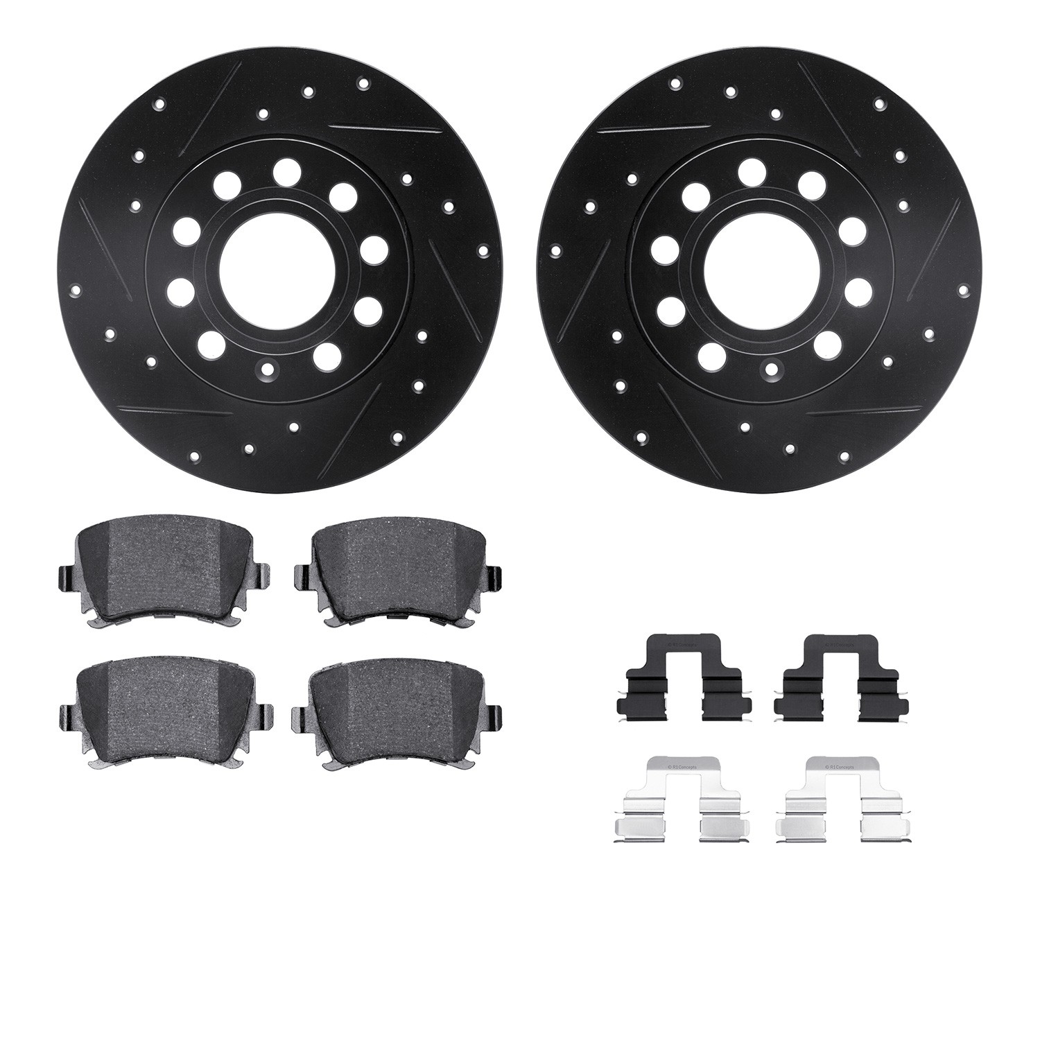 DFC Rotors-Drilled & Slotted-Black w/ 5000 Advanced Brake Pads Incl Hdw