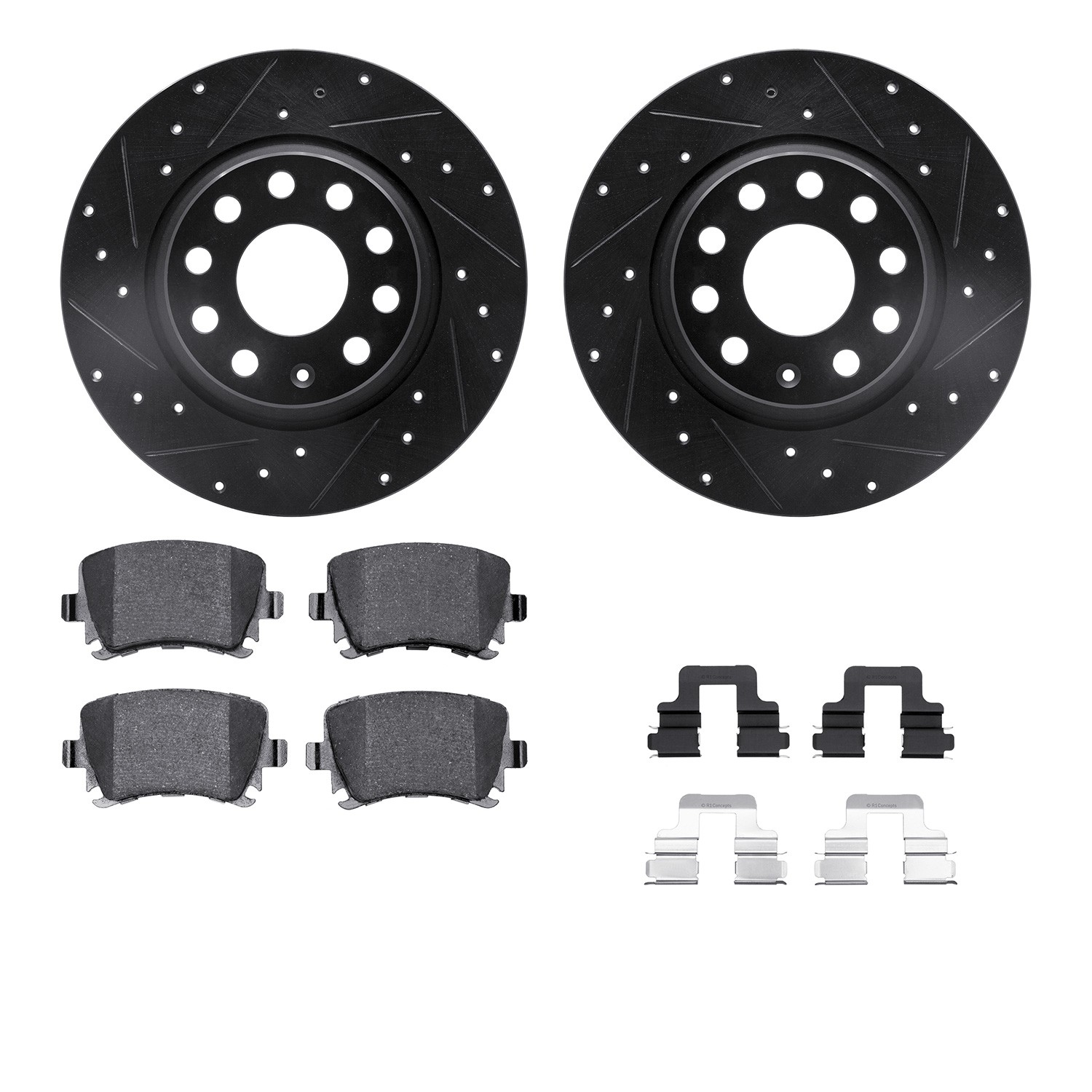 DFC Rotors-Drilled & Slotted-Black w/ 5000 Advanced Brake Pads Incl Hdw