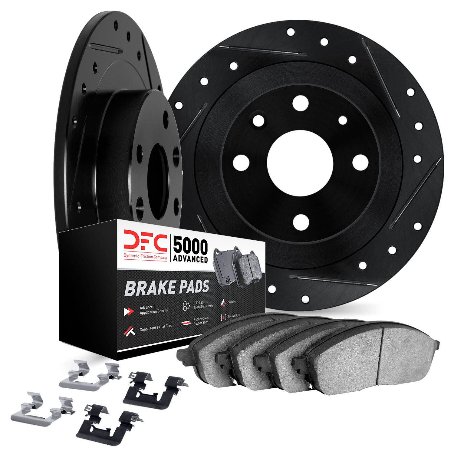 DFC Rotors-Drilled & Slotted-Black w/ 5000 Advanced Brake Pads Incl Hdw