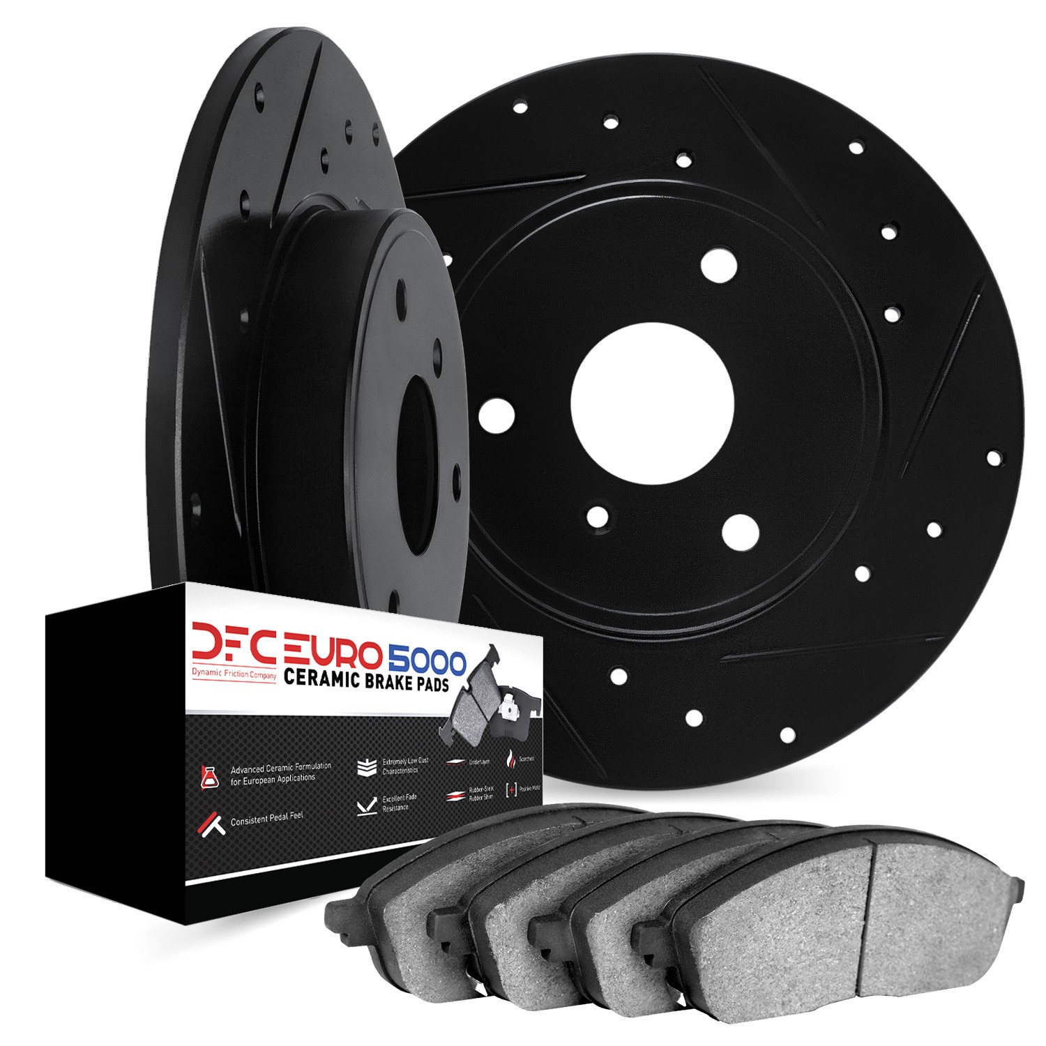 DFC Rotors-Drilled and Slotted-Black with EURO 5000 Ceramic Brake Pads
