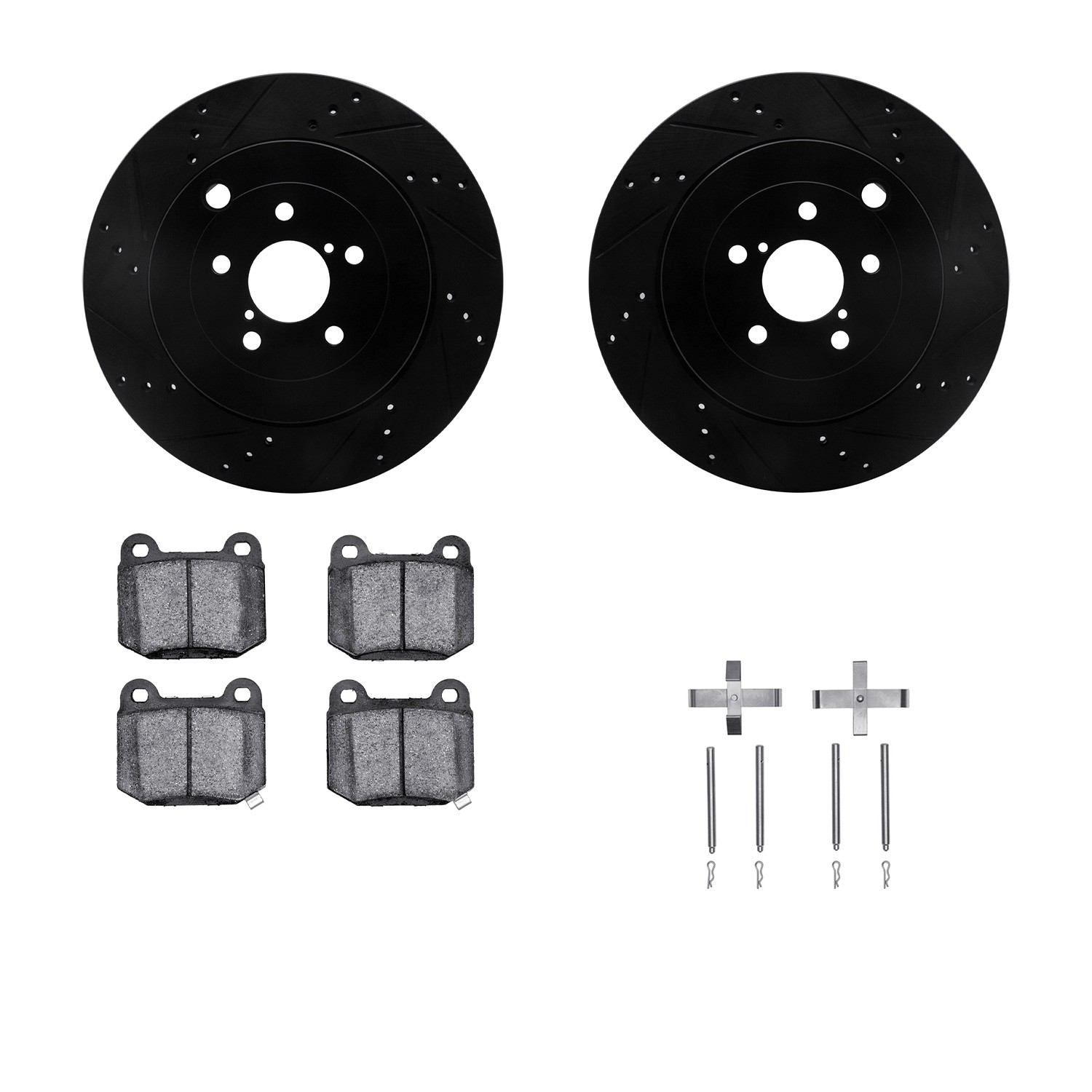 DFC Rotors-Drilled & Slotted-Black w/ EURO 5000 Ceramic Brake Pads Incl Hdw