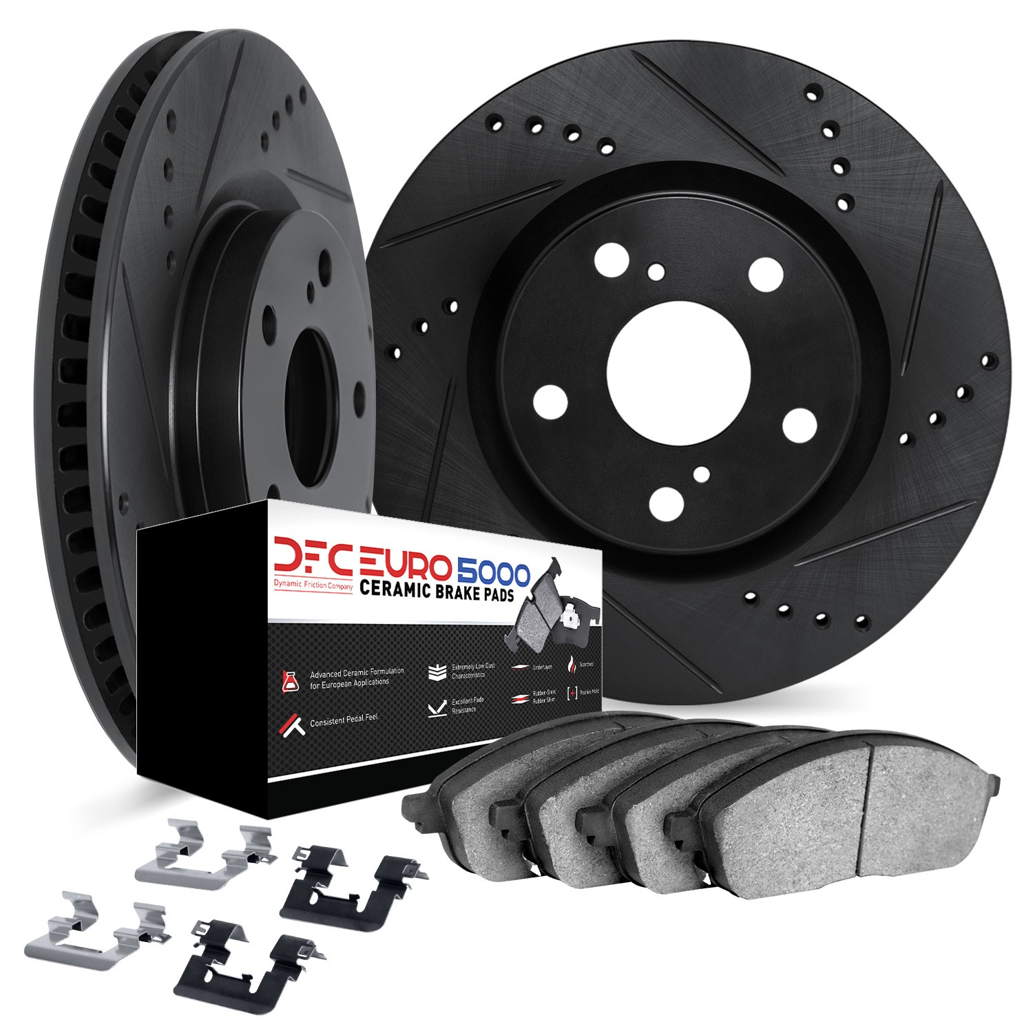 DFC Rotors-Drilled & Slotted-Black w/ EURO 5000 Ceramic Brake Pads Incl Hdw