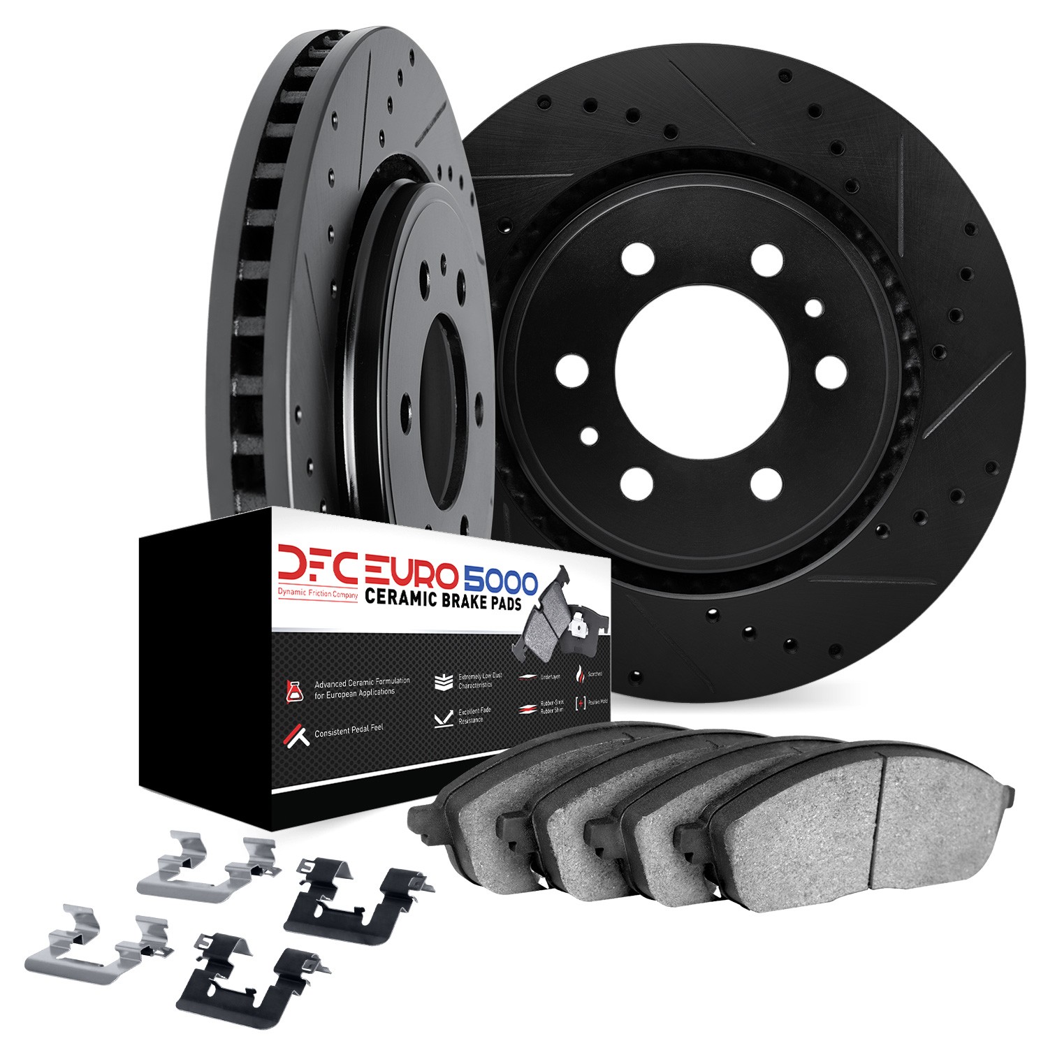 DFC Rotors-Drilled & Slotted-Black w/ EURO 5000 Ceramic Brake Pads Incl Hdw