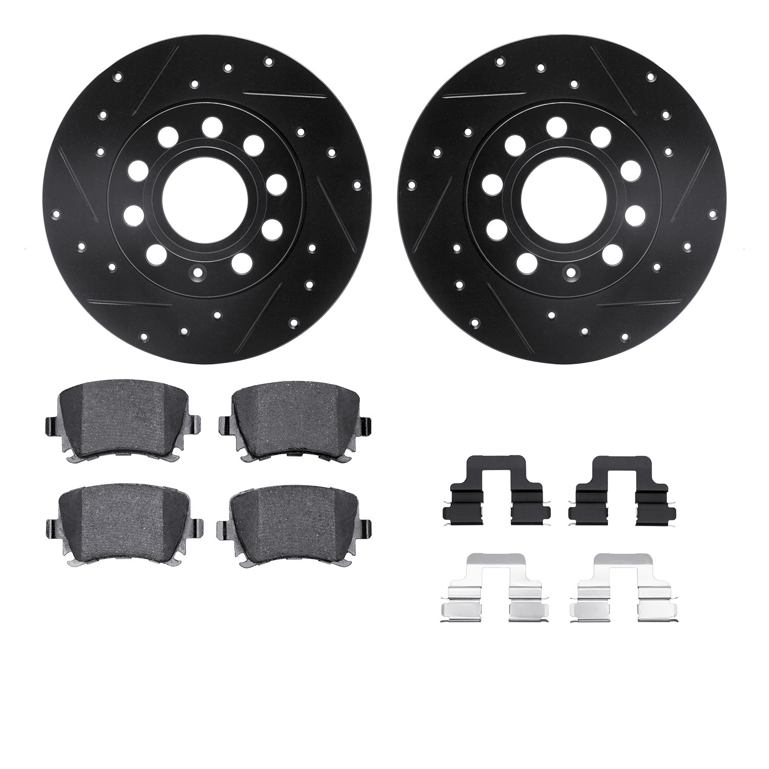DFC Rotors-Drilled & Slotted-Black w/ EURO 5000 Ceramic Brake Pads Incl Hdw