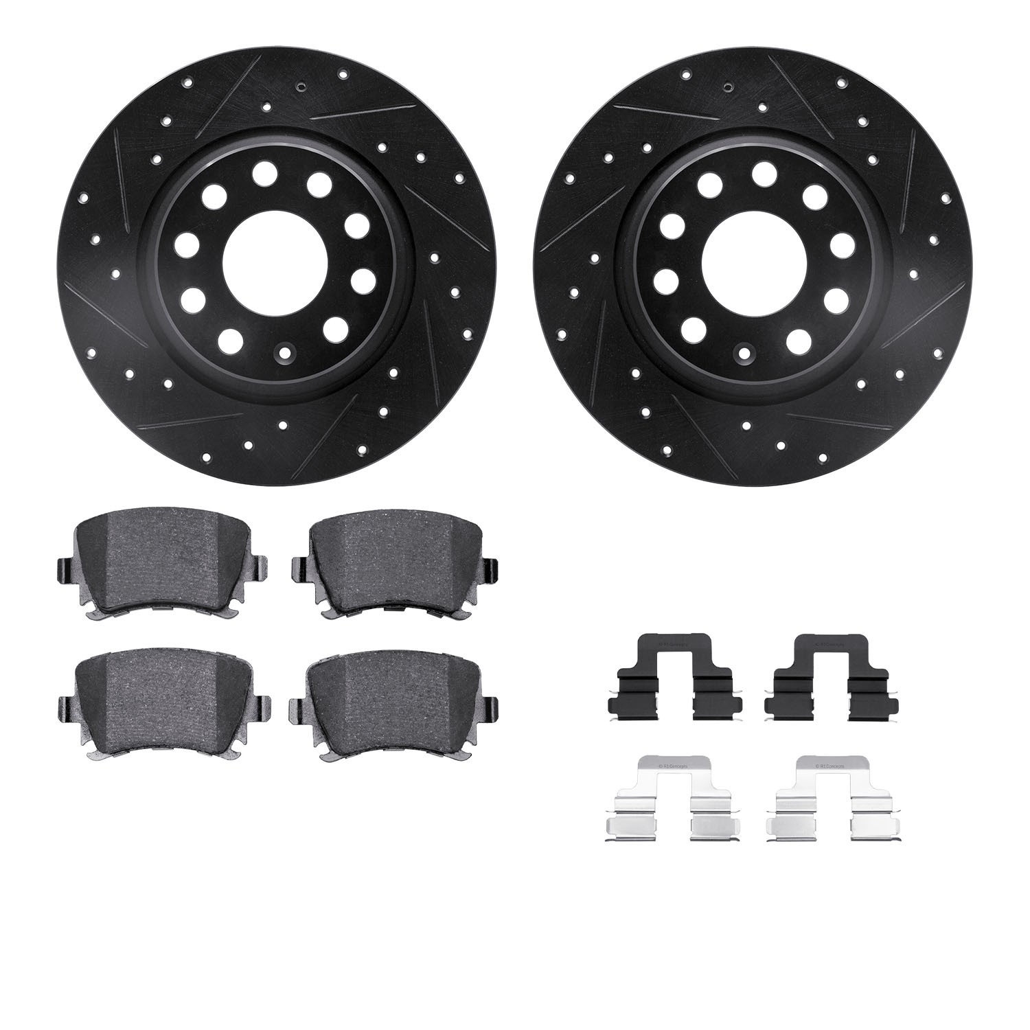 DFC Rotors-Drilled & Slotted-Black w/ EURO 5000 Ceramic Brake Pads Incl Hdw