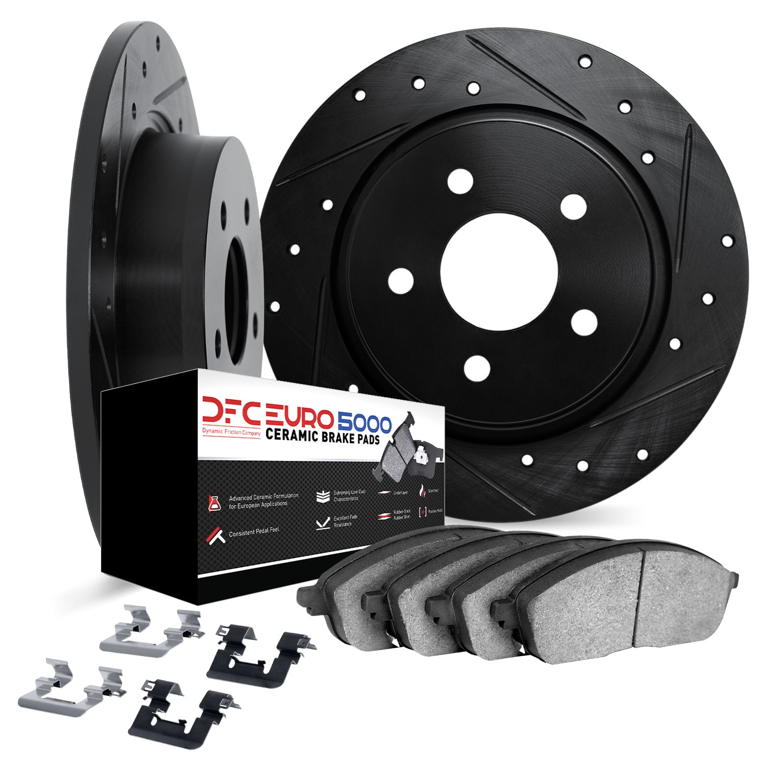 DFC Rotors-Drilled & Slotted-Black w/ EURO 5000 Ceramic Brake Pads Incl Hdw