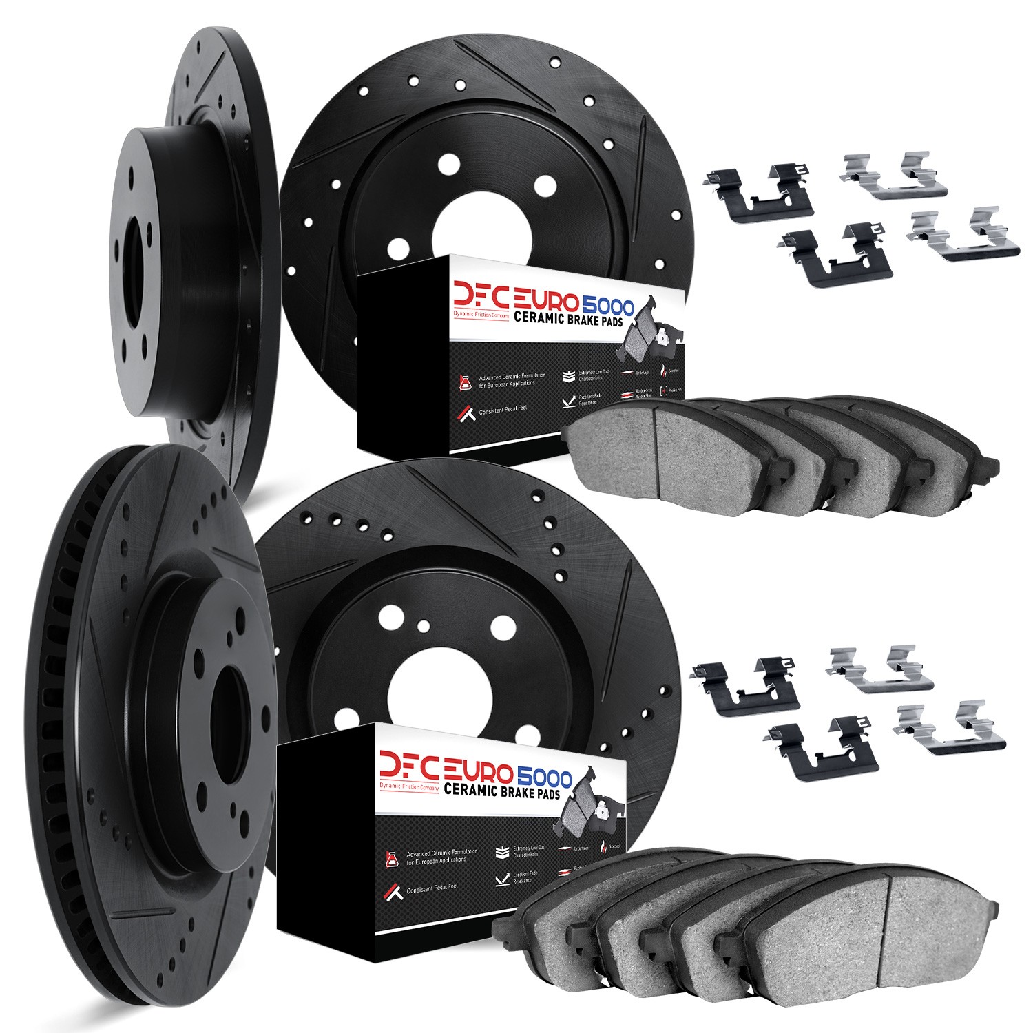 DFC Rotors-Drilled & Slotted-Black w/ EURO 5000 Ceramic Brake Pads Incl Hdw