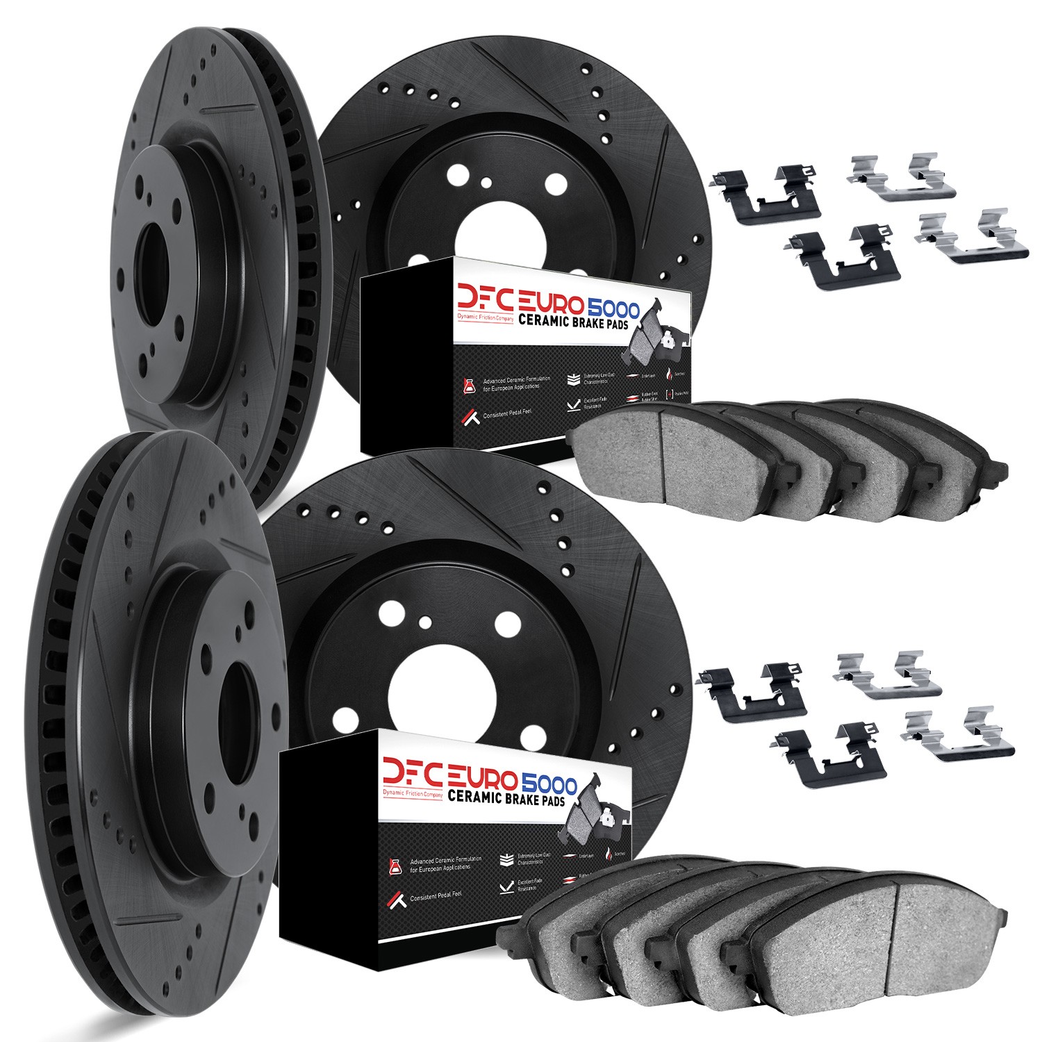 DFC Rotors-Drilled & Slotted-Black w/ EURO 5000 Ceramic Brake Pads Incl Hdw