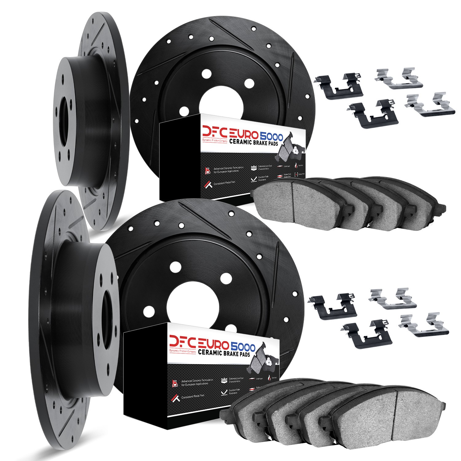 DFC Rotors-Drilled & Slotted-Black w/ EURO 5000 Ceramic Brake Pads Incl Hdw