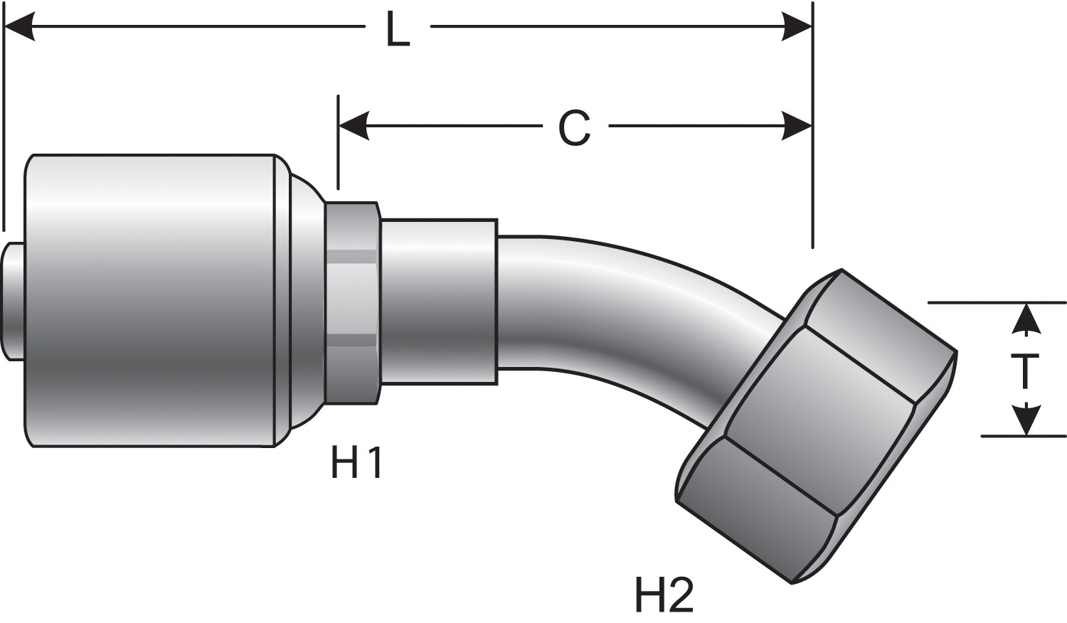 Female Flat-Face O-Ring Swivel - 30 Bent Tube (MegaCrimp)