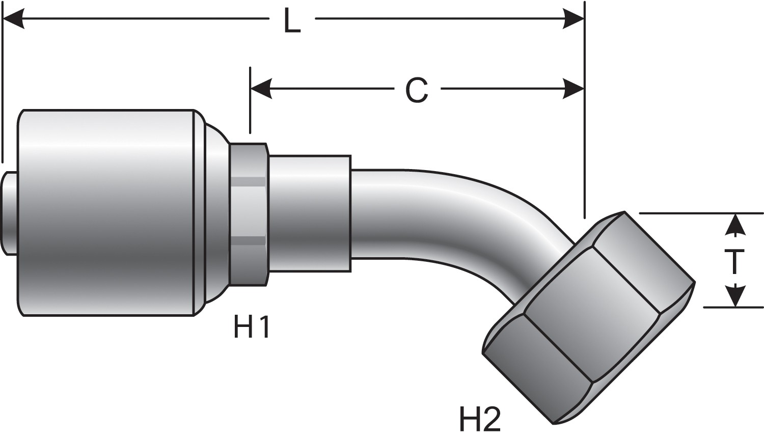 Female Flat-Face O-Ring Swivel - 45 Bent Tube (MegaCrimp)