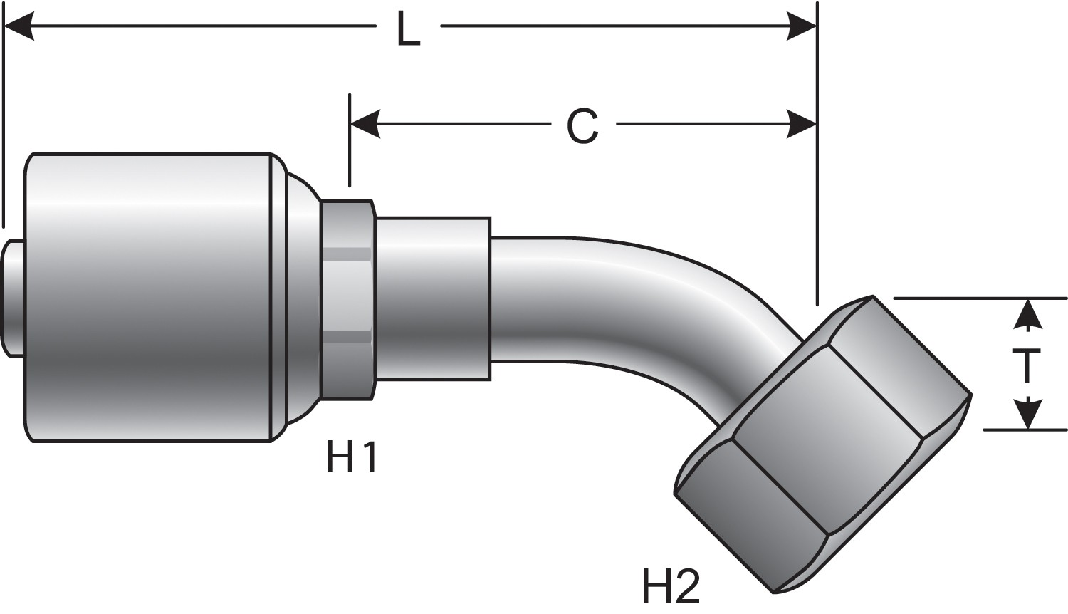 Female Flat-Face O-Ring Swivel - 45 Bent Tube (MegaCrimp)