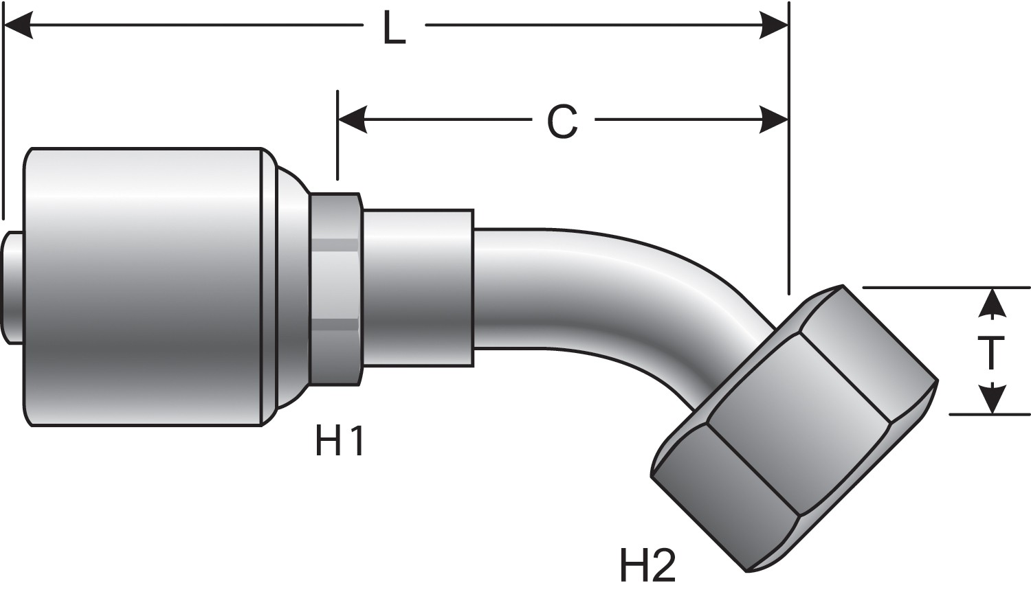 Female Flat-Face O-Ring Swivel - 45 Bent Tube (MegaCrimp)