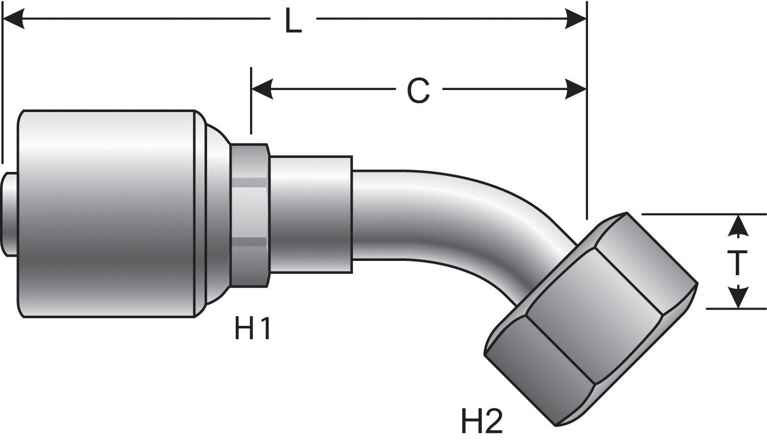 Female Flat-Face O-Ring Swivel - 45 Bent Tube (MegaCrimp)