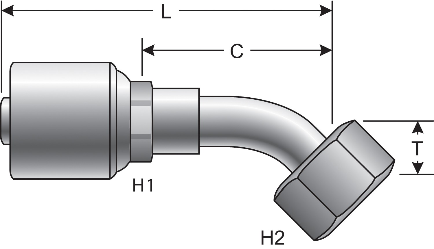 Female Flat-Face O-Ring Swivel - 45 Bent Tube (MegaCrimp)