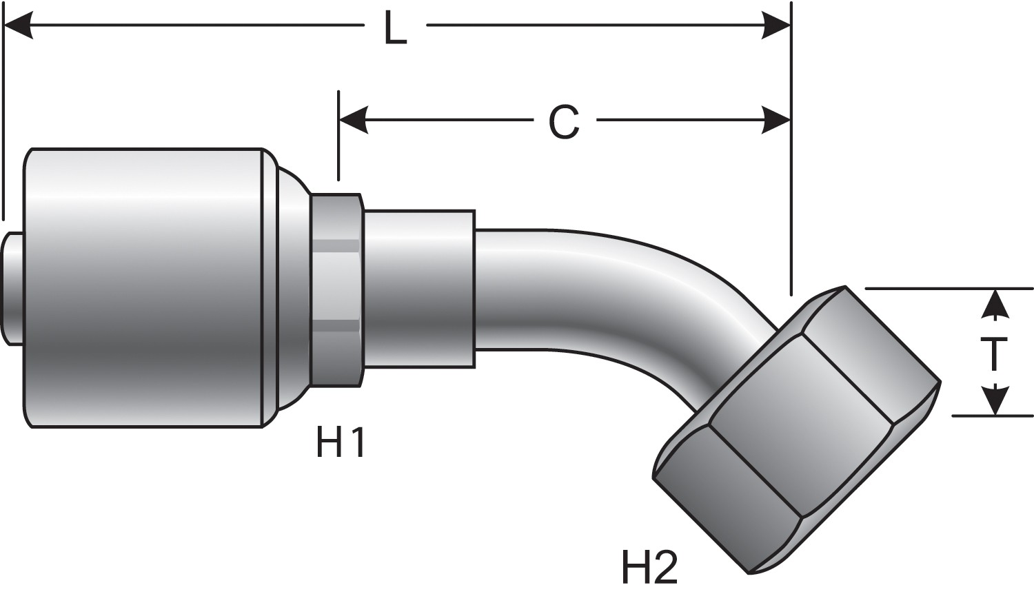 Female Flat-Face O-Ring Swivel - 45 Bent Tube (MegaCrimp)