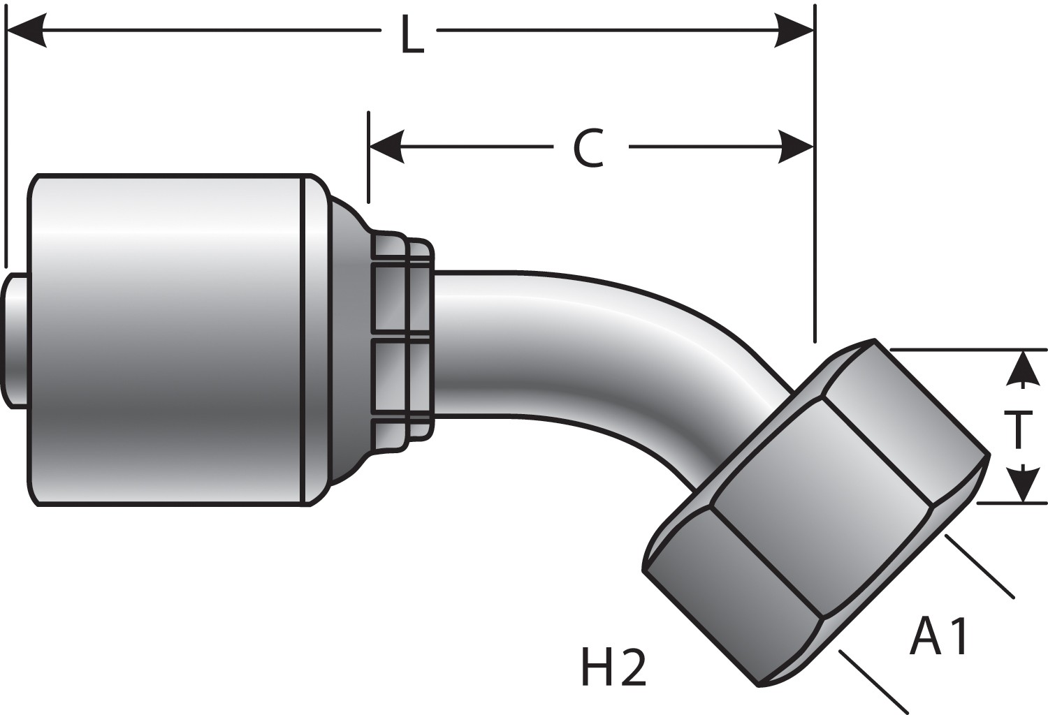 Female DIN 24 Cone Swivel - Light Series with O-Ring - 45 Bent Tube (MegaCrimp)