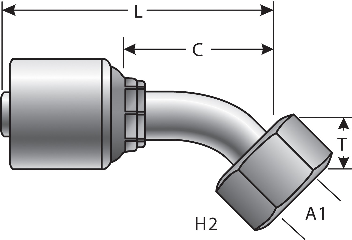 Female DIN 24 Cone Swivel - Light Series with O-Ring - 45 Bent Tube (MegaCrimp)