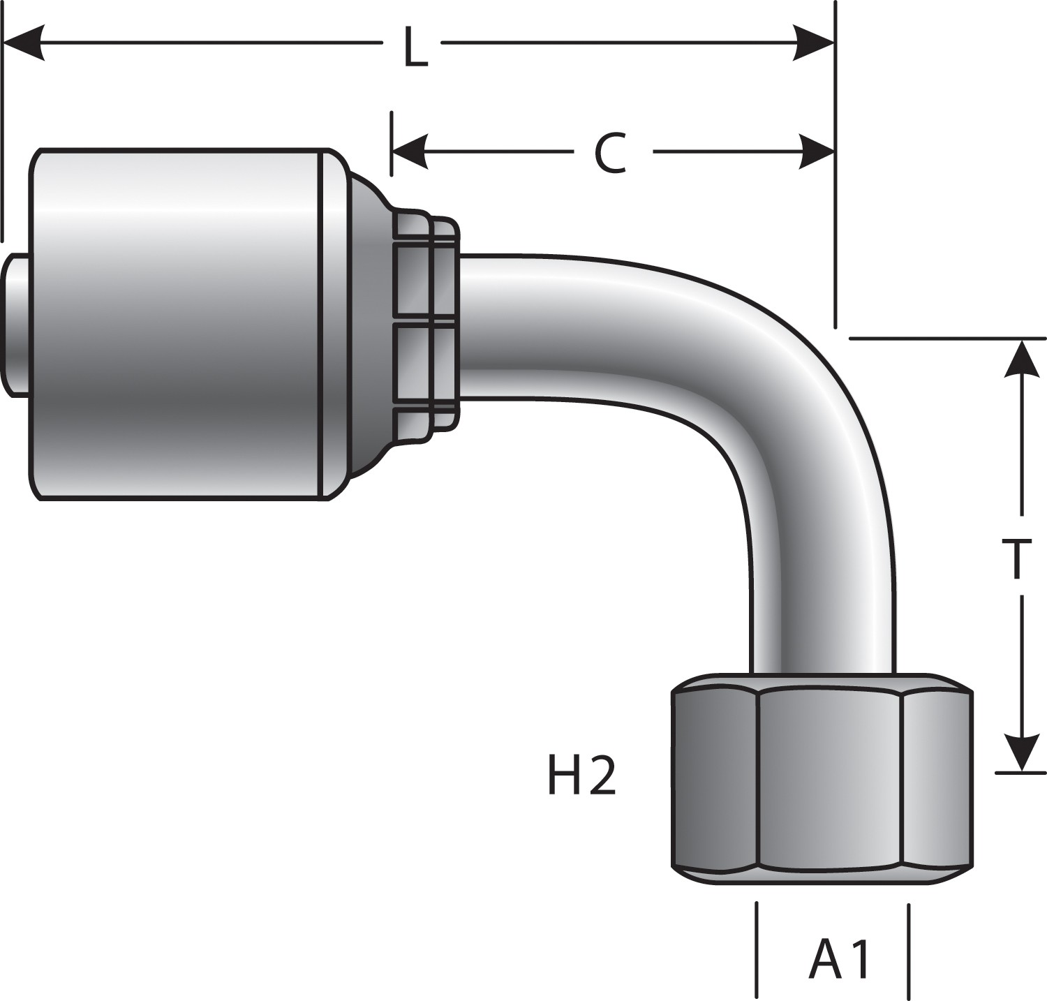 Female DIN 24 Cone Swivel - Light Series with O-Ring - 90 Bent Tube (MegaCrimp)