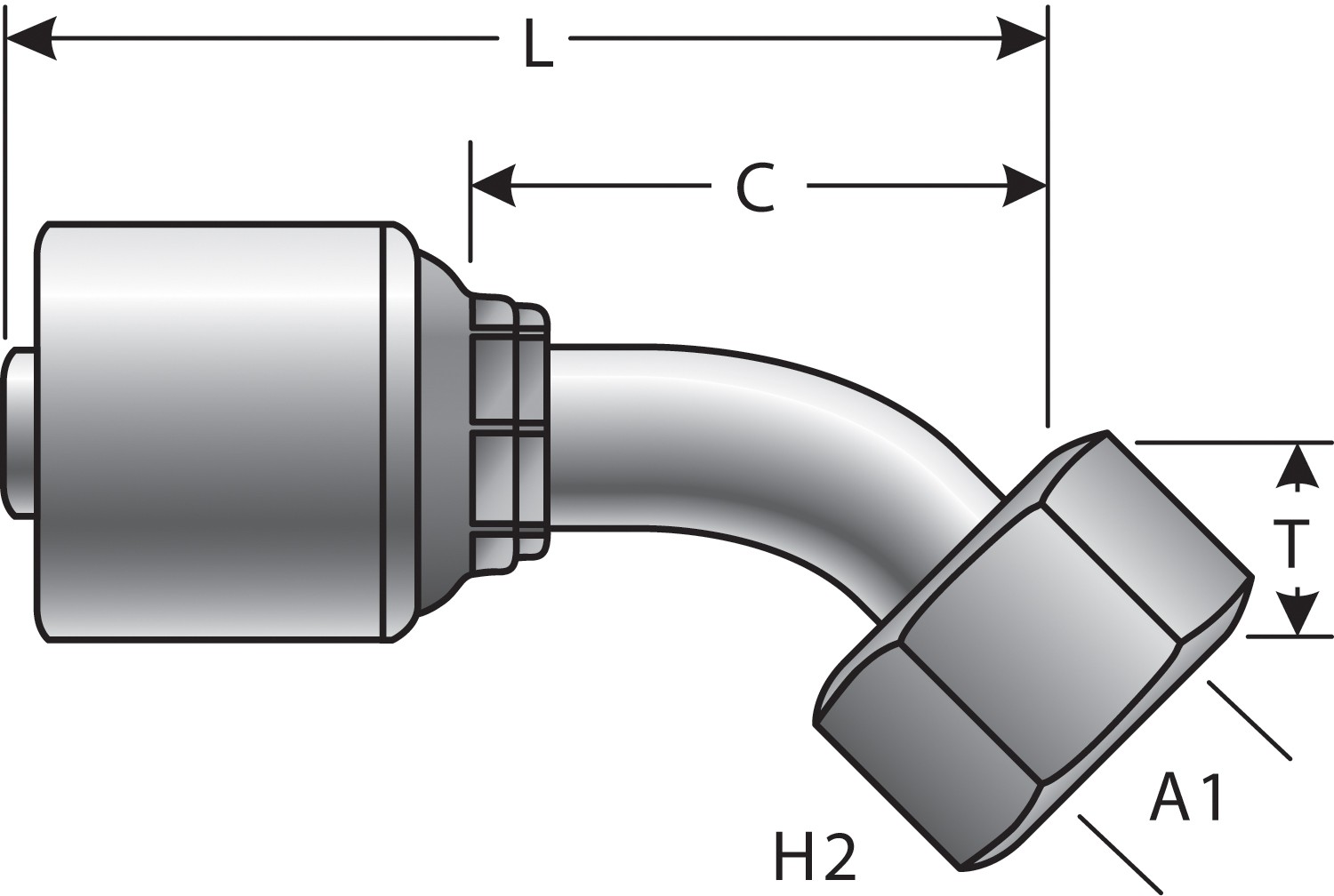 Female DIN 24 Cone Swivel - Heavy Series with O-Ring - 45 Bent Tube (MegaCrimp)