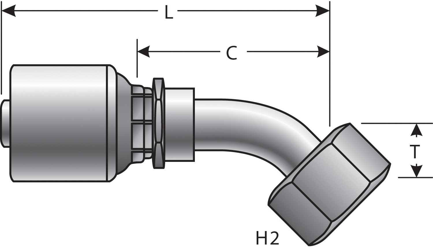 Female British Standard Parallel Pipe O-Ring Swivel - 45 Bent Tube (MegaCrimp)