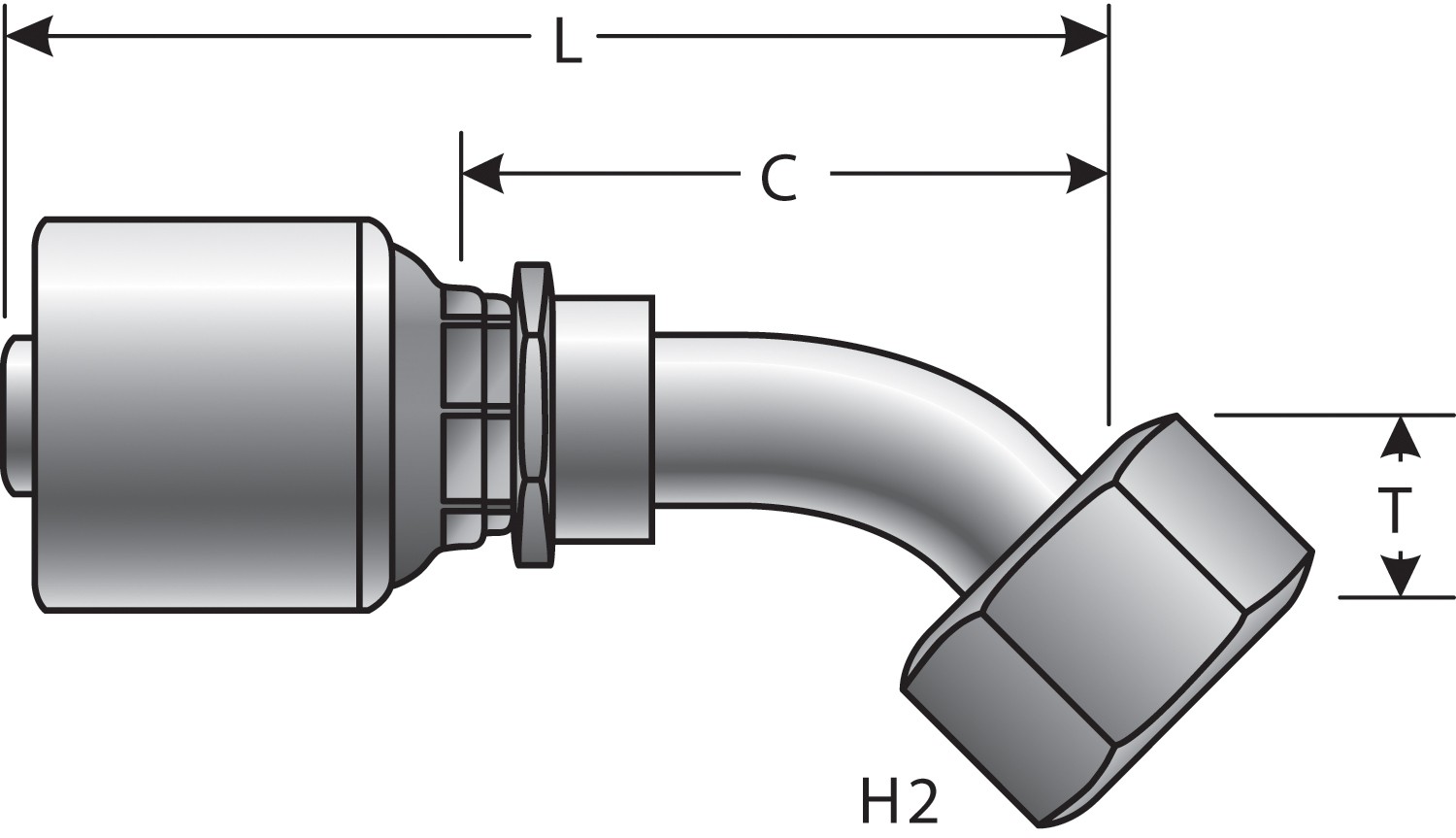 Female British Standard Parallel Pipe O-Ring Swivel - 45 Bent Tube (MegaCrimp)